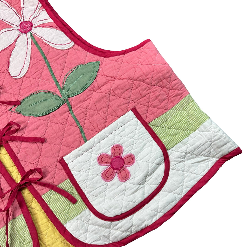 Pink Daisy Applique quilted vest rework, front pocket and applique detail