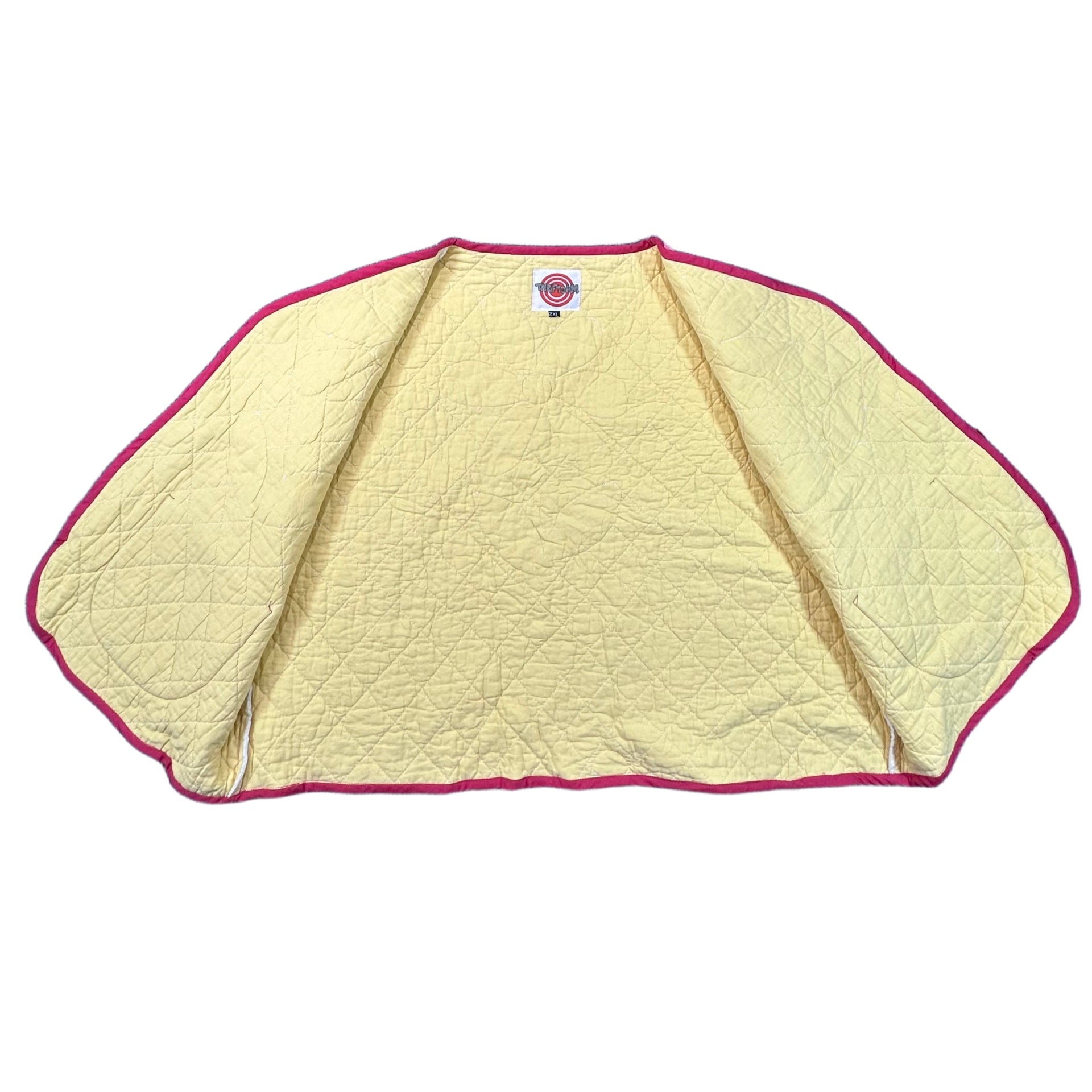 Pink Daisy Applique quilted vest rework, interior buttercup yellow lining