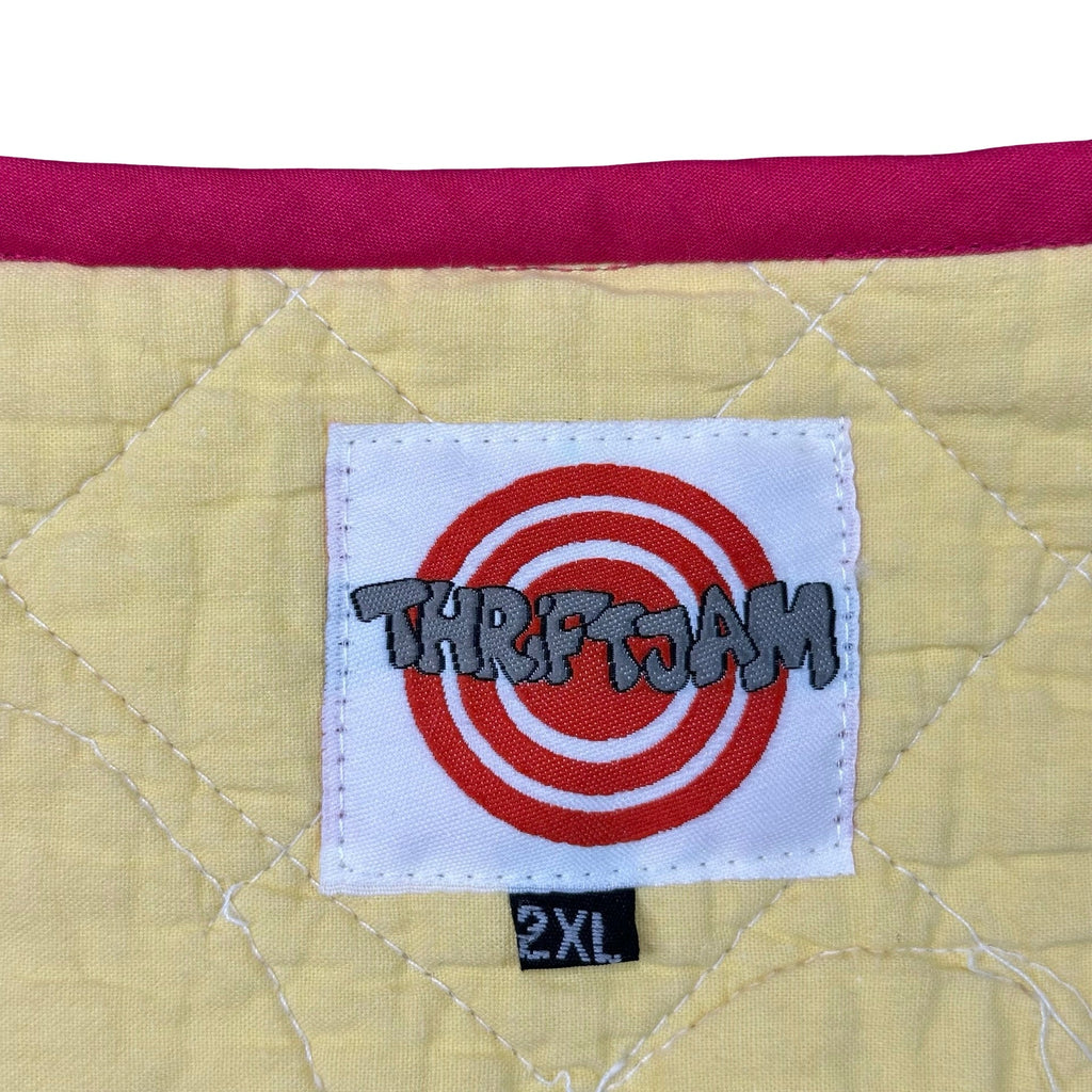 Pink Daisy Applique quilted vest rework, ThriftJam brand label size 2XL