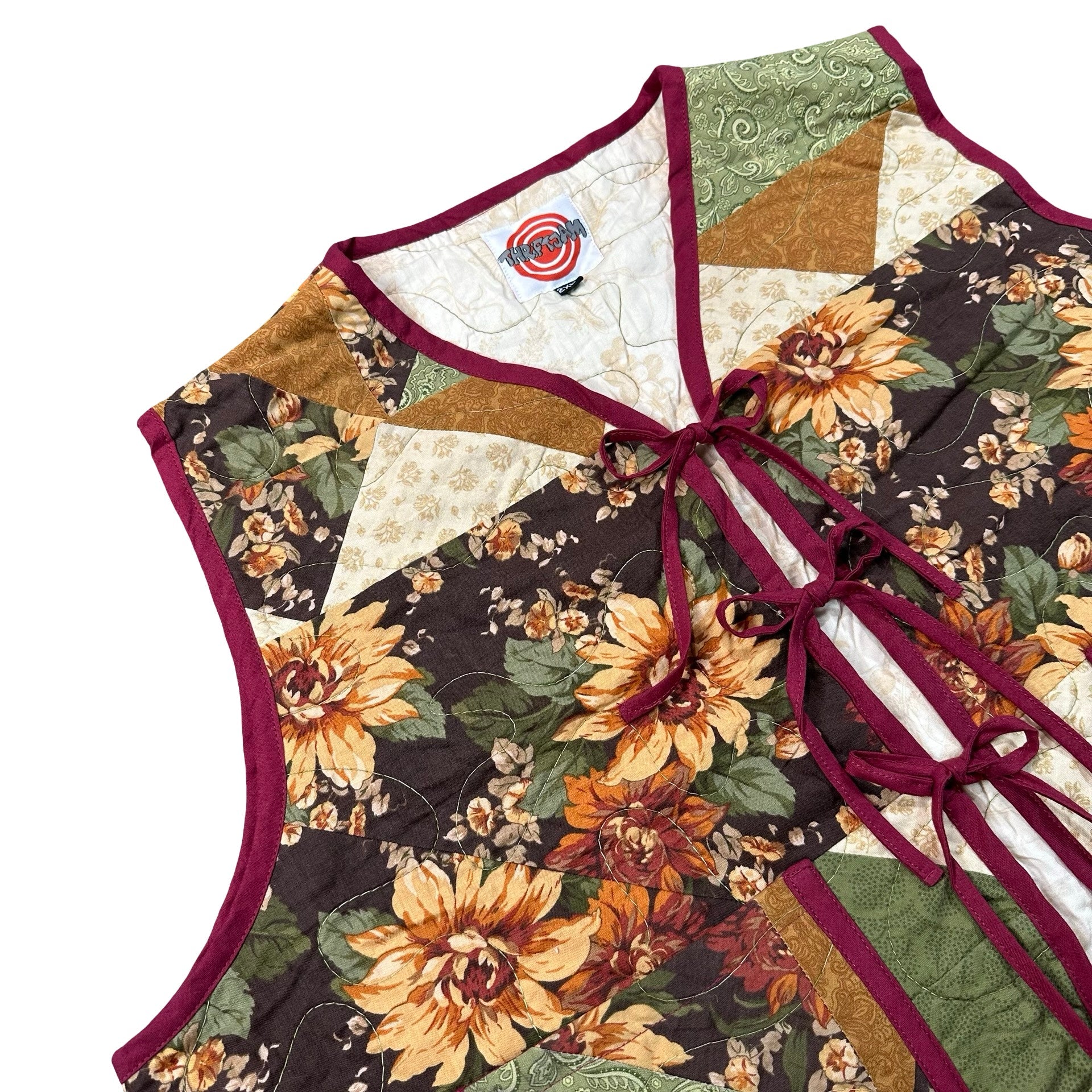 Autumn Sunflower 2XL quilted vest rework, front tie closures detail