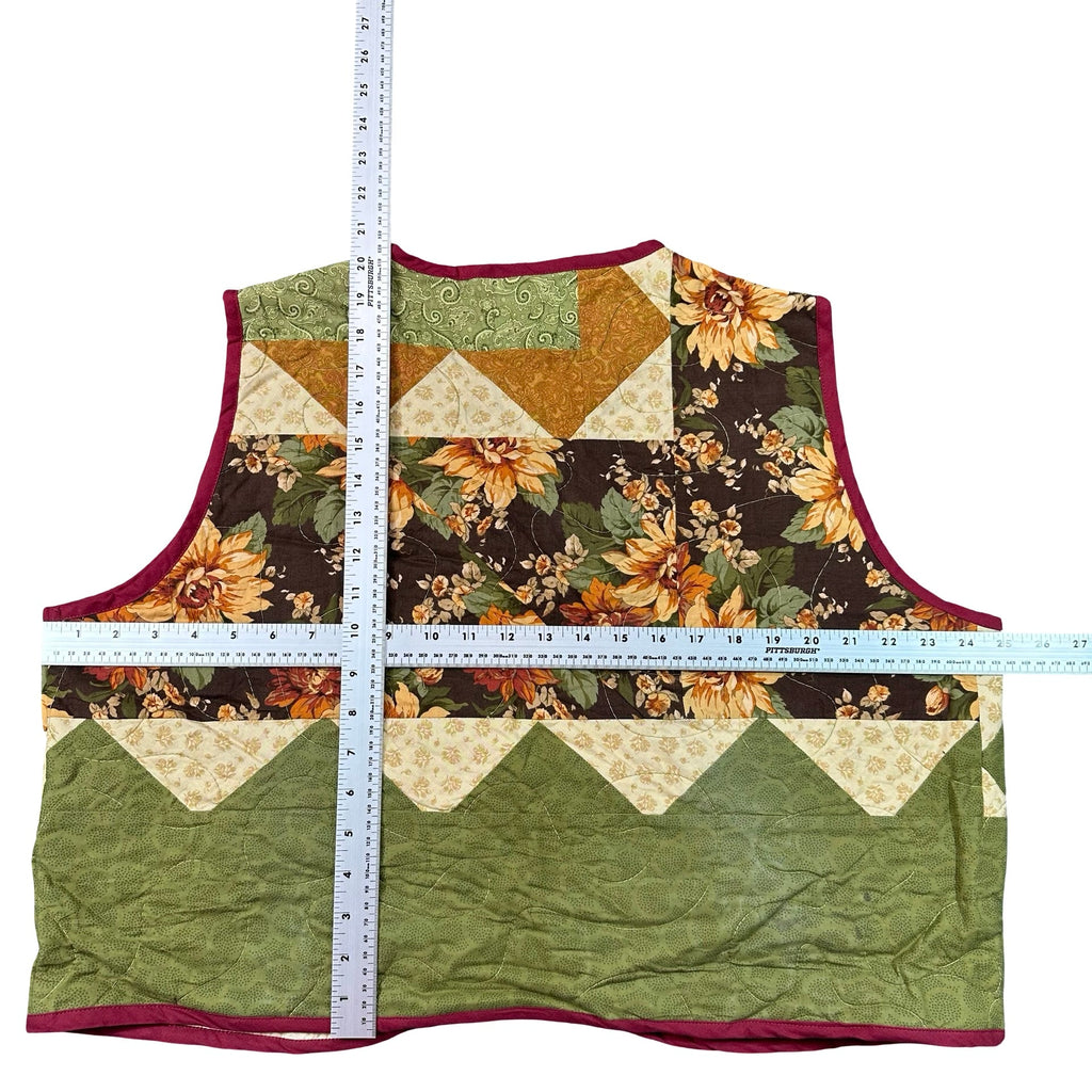 Autumn Sunflower 2XL quilted vest rework, flat lay measurements with tape measure