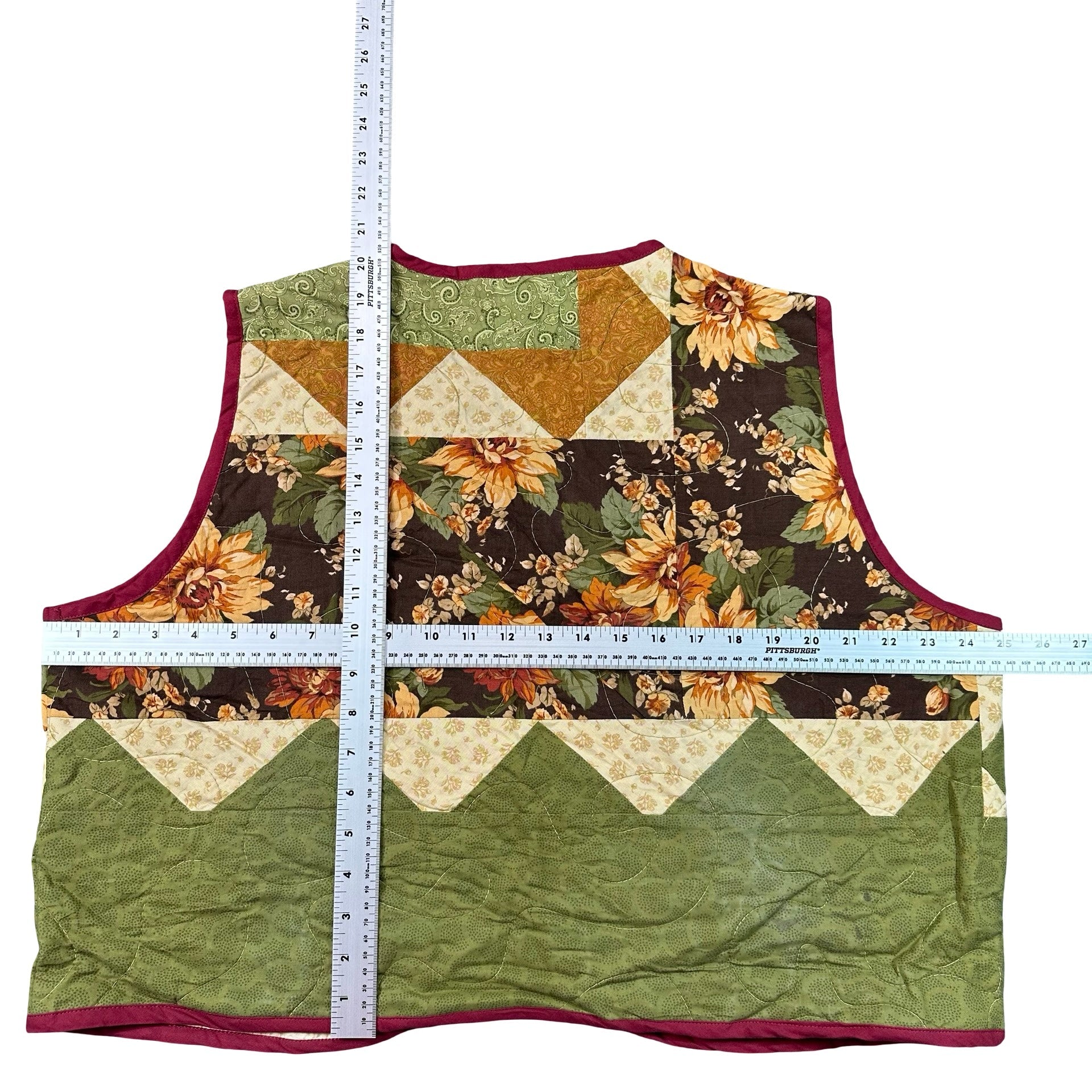 Autumn Sunflower 2XL quilted vest rework, flat lay measurements with tape measure