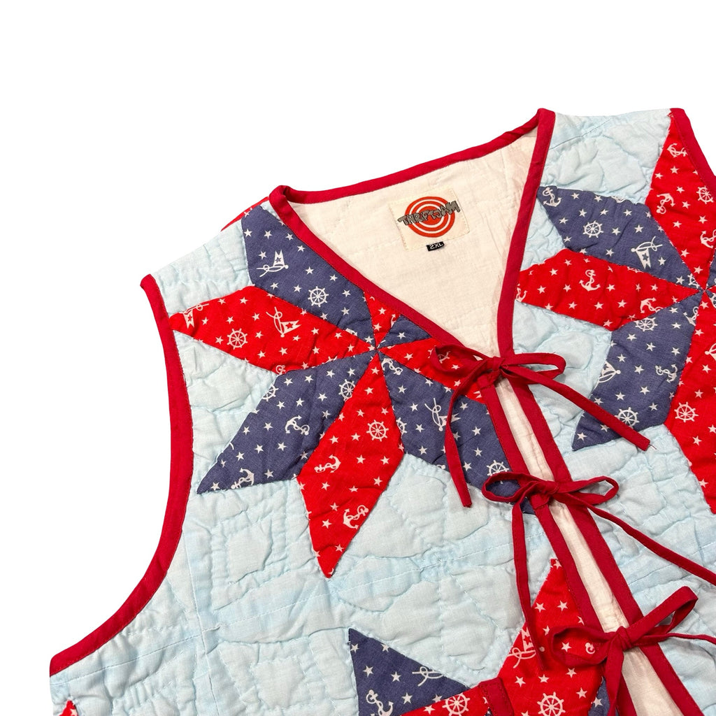 Nautical Star quilted vest rework, front tie closures detail