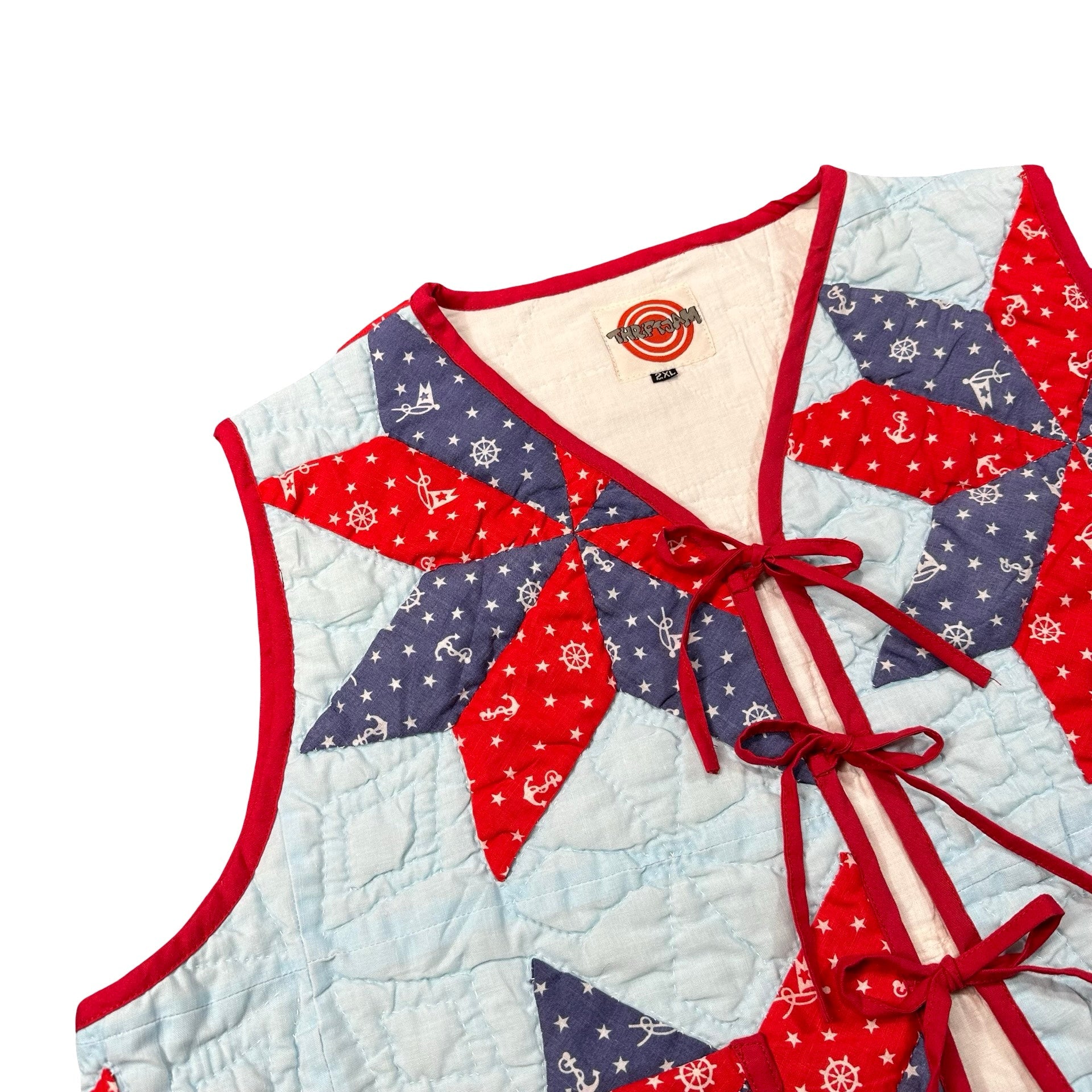 Nautical Star quilted vest rework, front tie closures detail