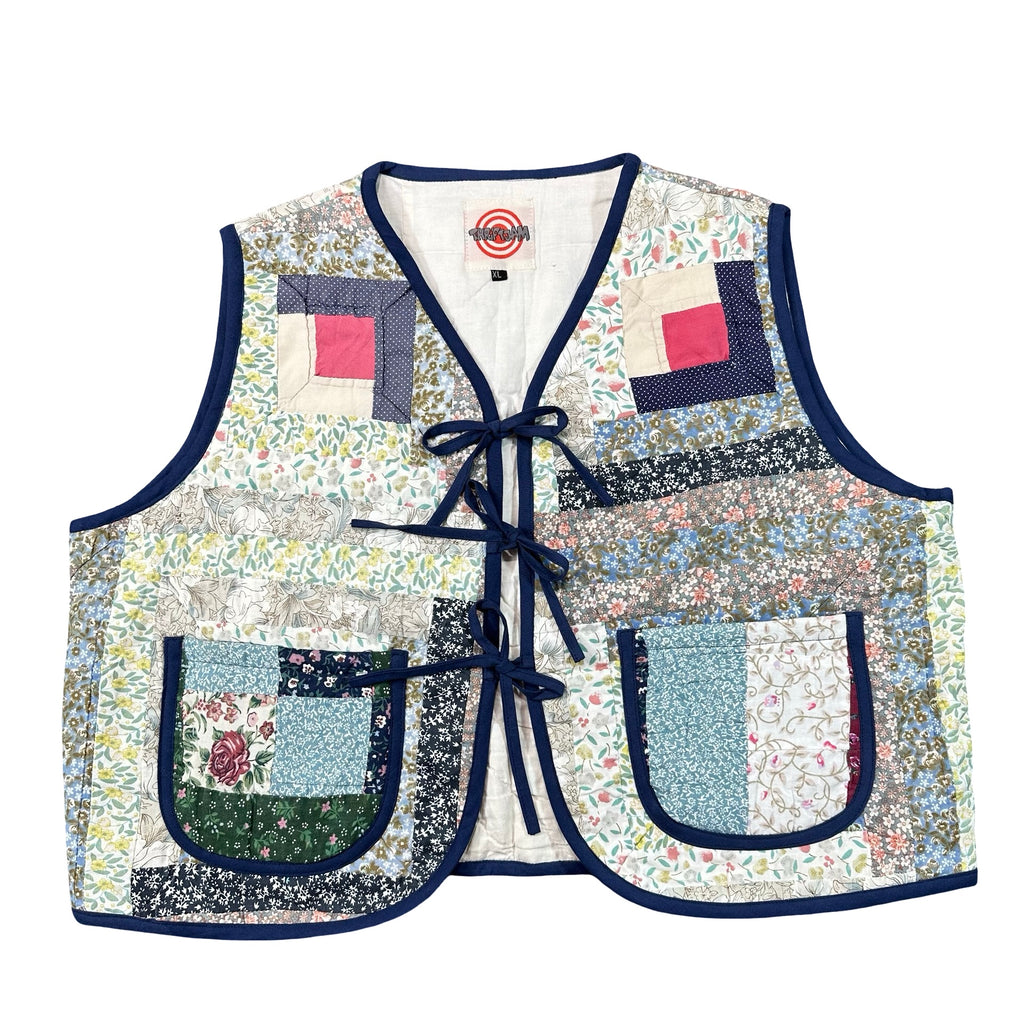 Blue Calico Log Cabin XL quilted vest rework, front