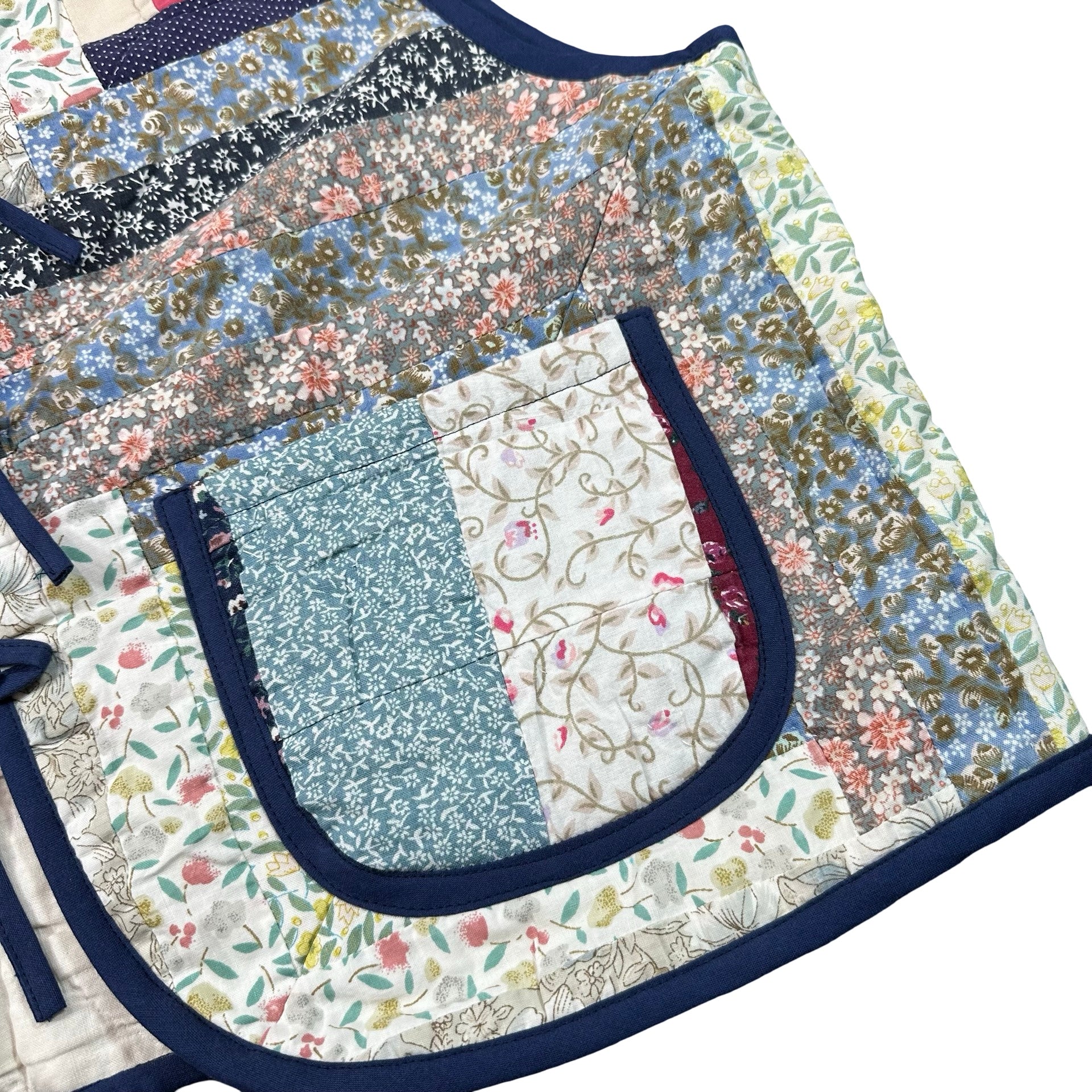 Blue Calico Log Cabin XL quilted vest rework, patch pocket detail