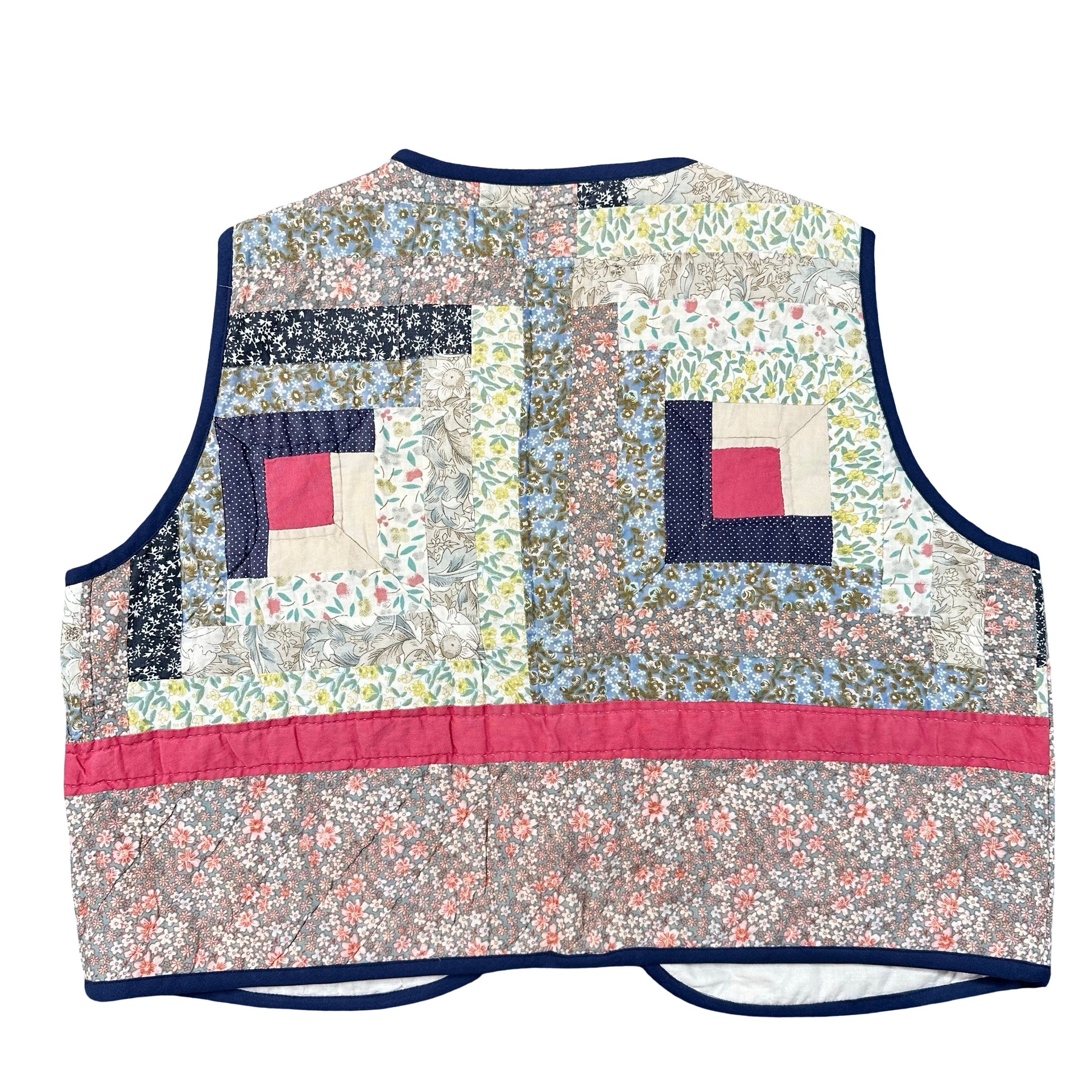 Blue Calico Log Cabin XL quilted vest rework, back