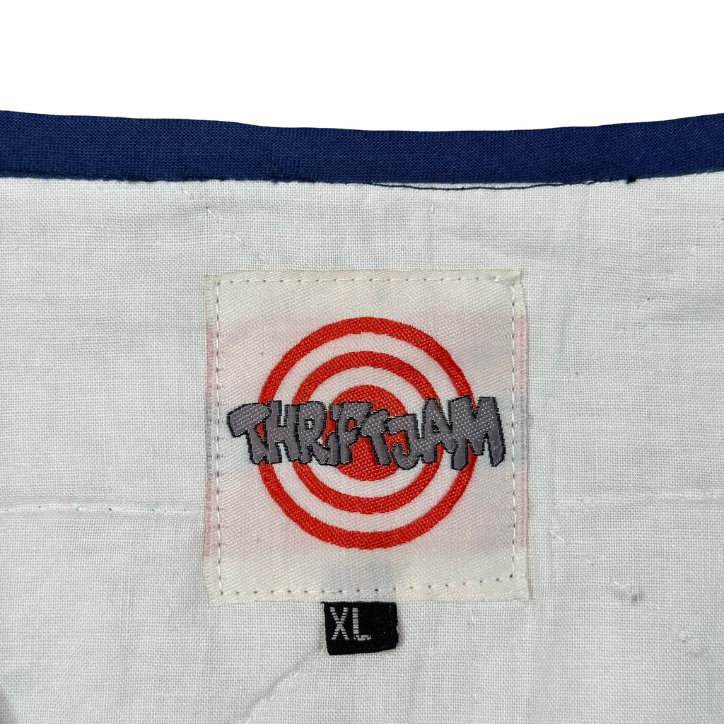 Blue Calico Log Cabin XL quilted vest rework, ThriftJam size XL label