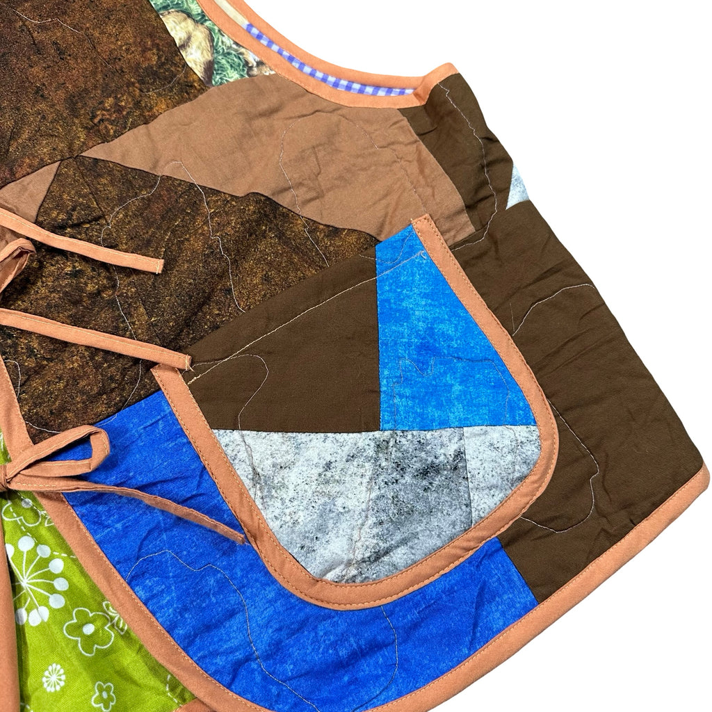 Copper & Cobalt Crazy Quilt XL quilted vest rework, patch pocket detail