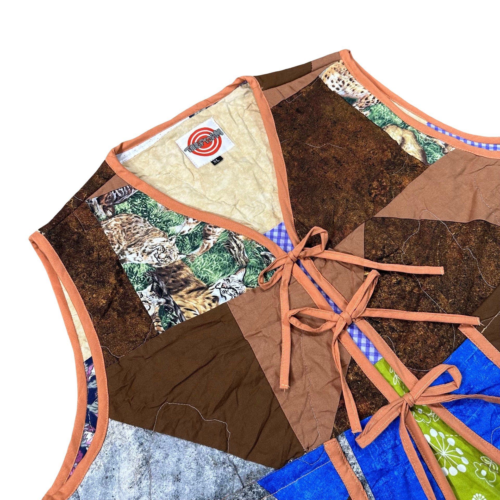 Copper & Cobalt Crazy Quilt XL quilted vest rework, front tie closures