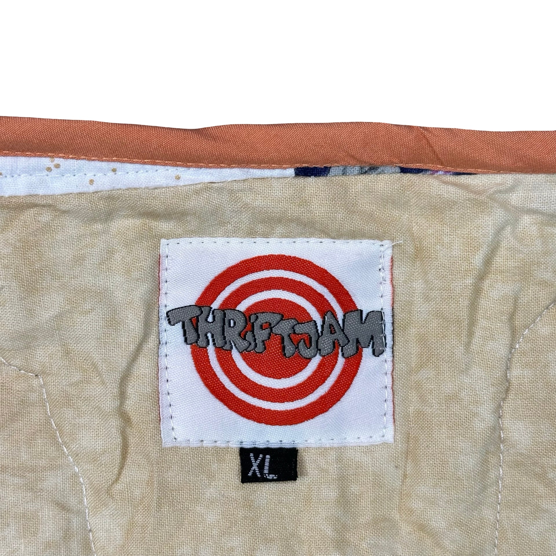 Copper & Cobalt Crazy Quilt XL quilted vest rework, ThriftJam size XL label