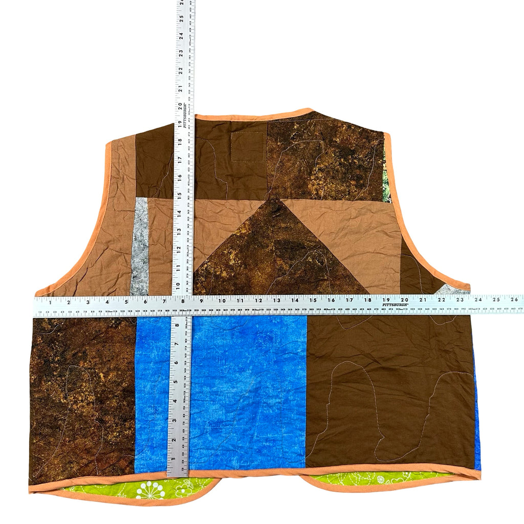 Copper & Cobalt Crazy Quilt XL quilted vest rework, tape measure across the chest