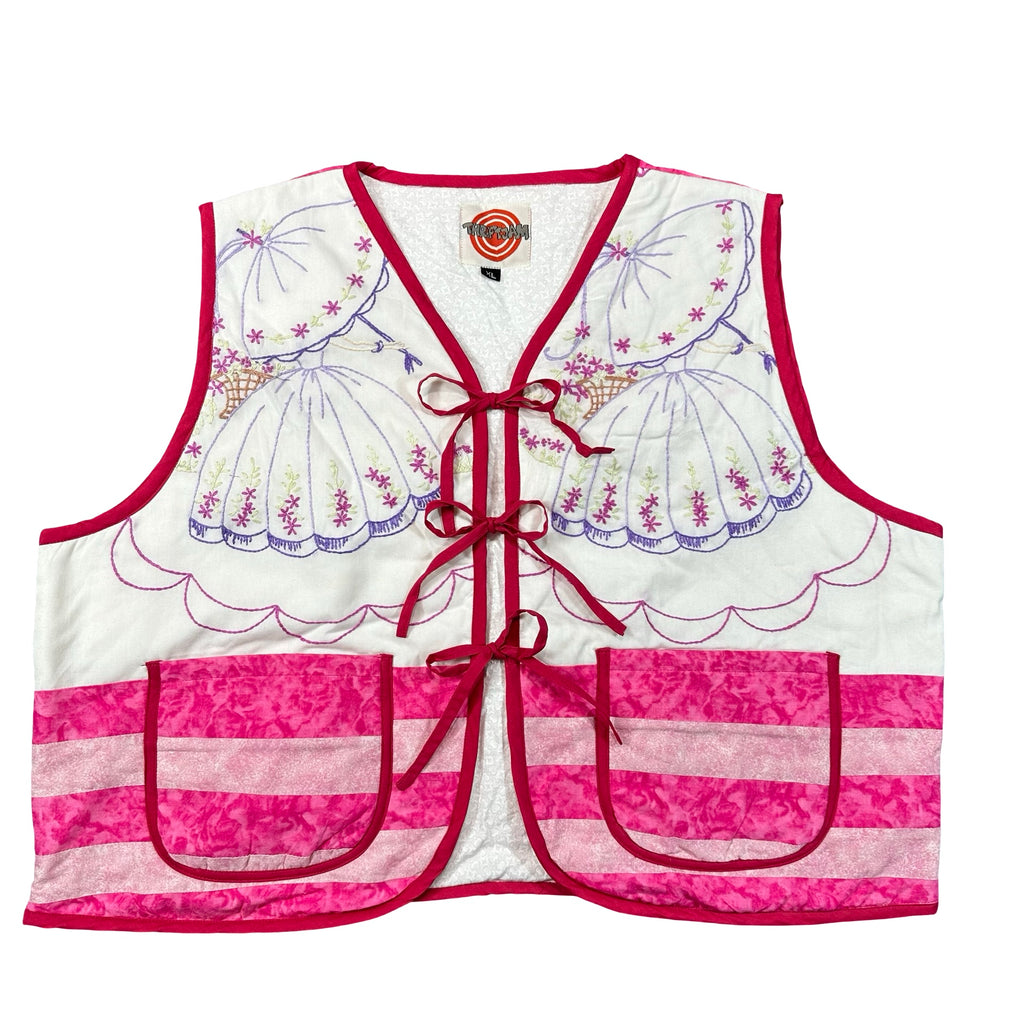 Pink Parasol Embroidery XL quilted vest rework, front