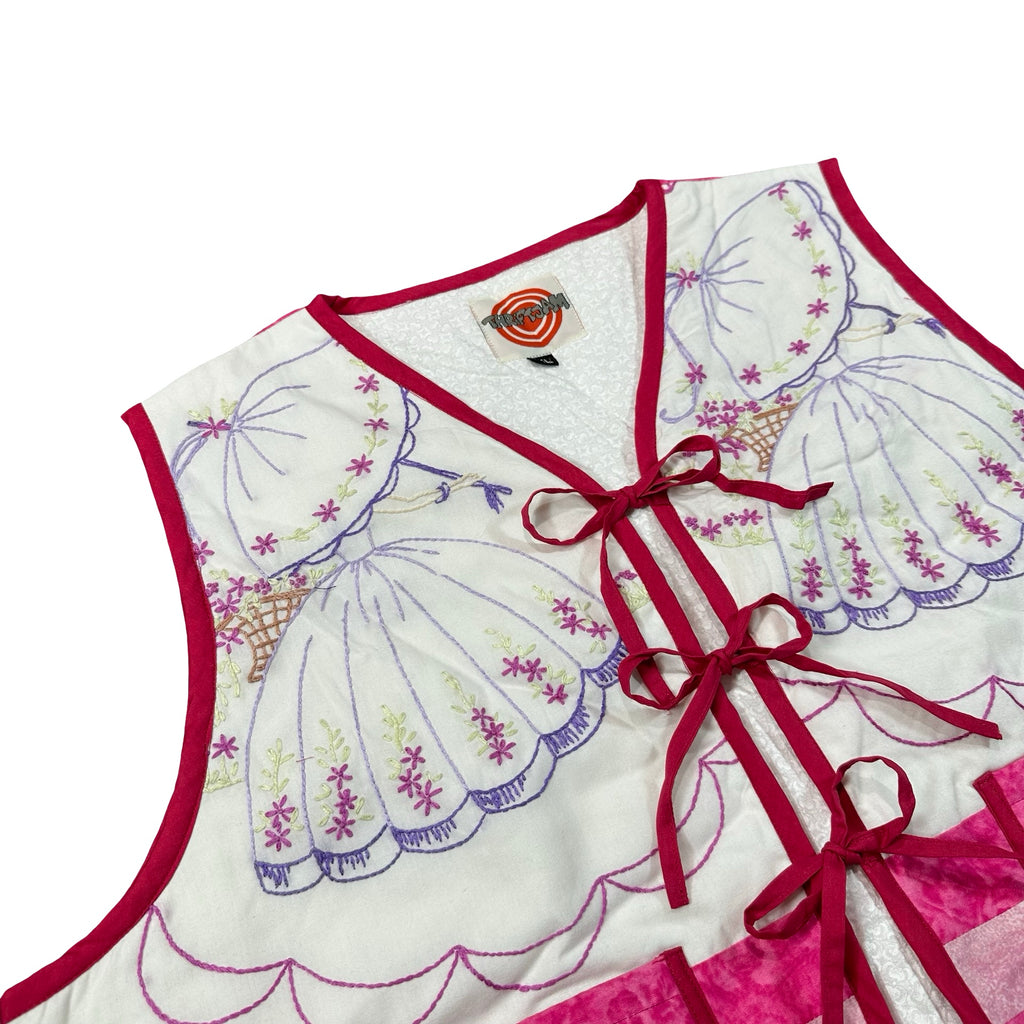Pink Parasol Embroidery XL quilted vest rework, front tie closures