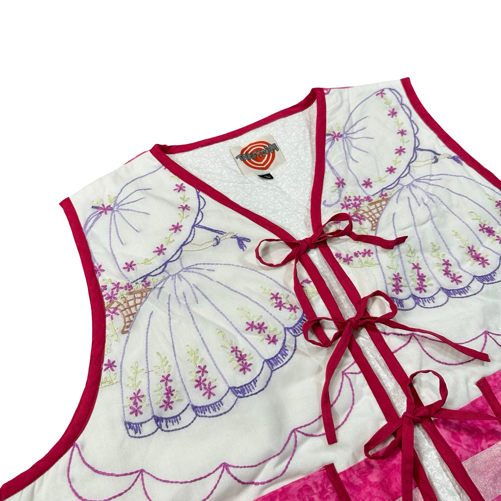 Pink Parasol Embroidery XL quilted vest rework, front tie closures