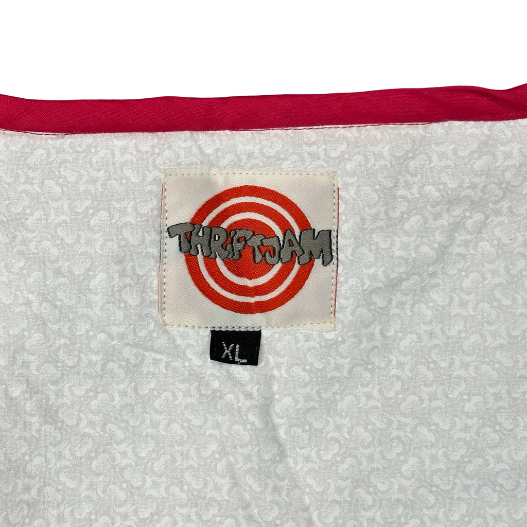 Pink Parasol Embroidery XL quilted vest rework, ThriftJam size XL label