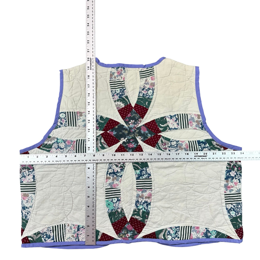 Lilac Wedding Ring XL quilted vest rework, tape measure across the chest