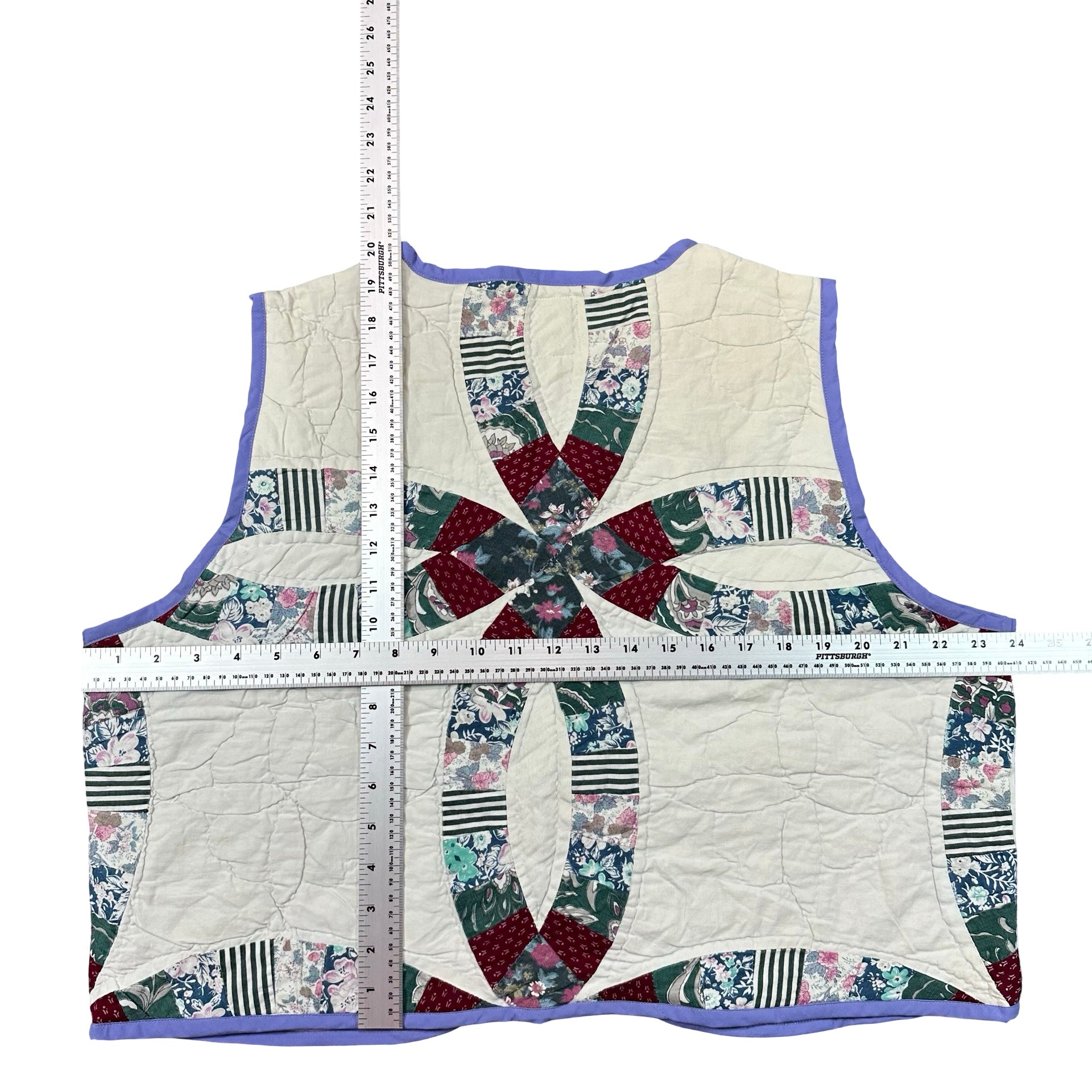 Lilac Wedding Ring XL quilted vest rework, tape measure across the chest