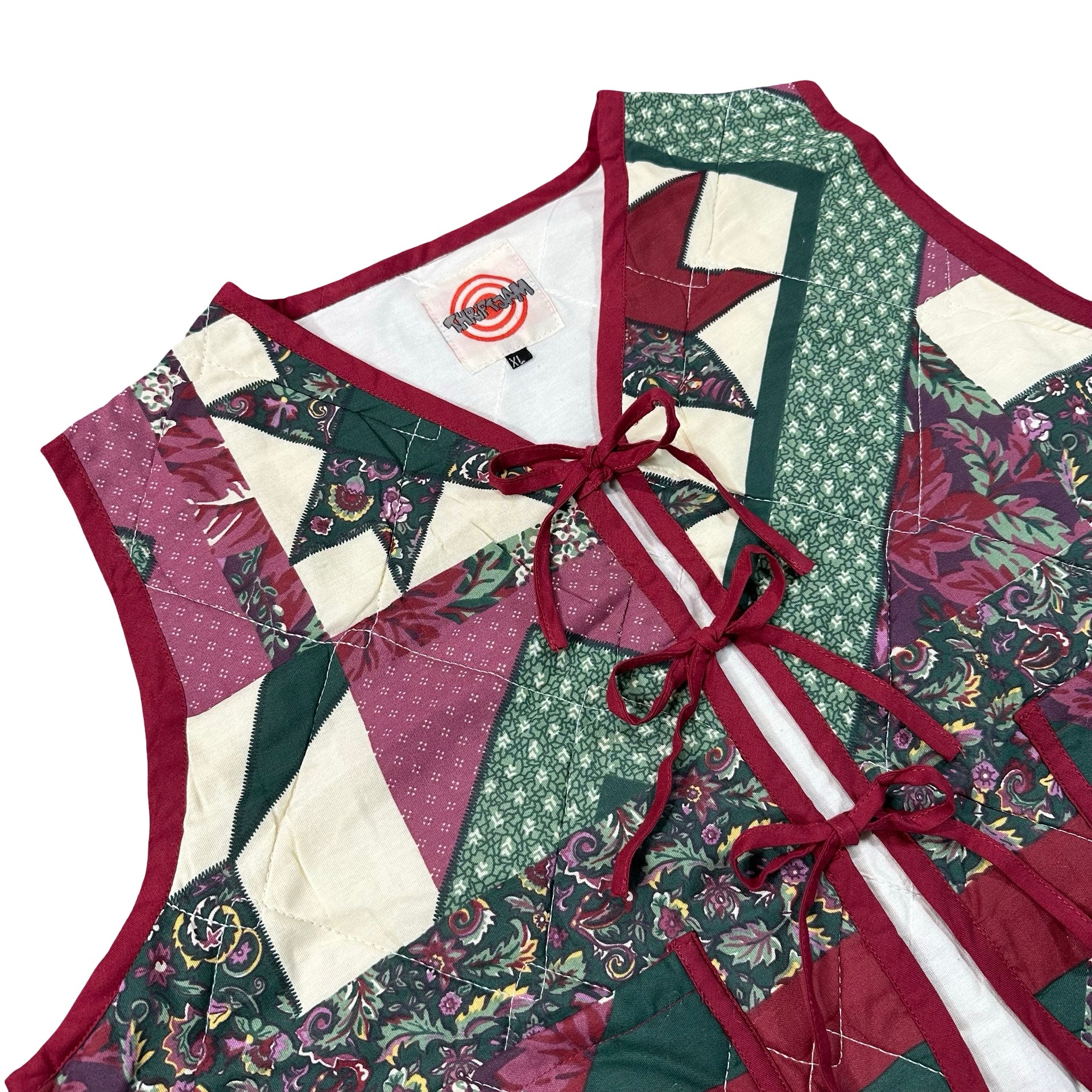 Holly Berry Star XL quilted vest rework, front tie closures