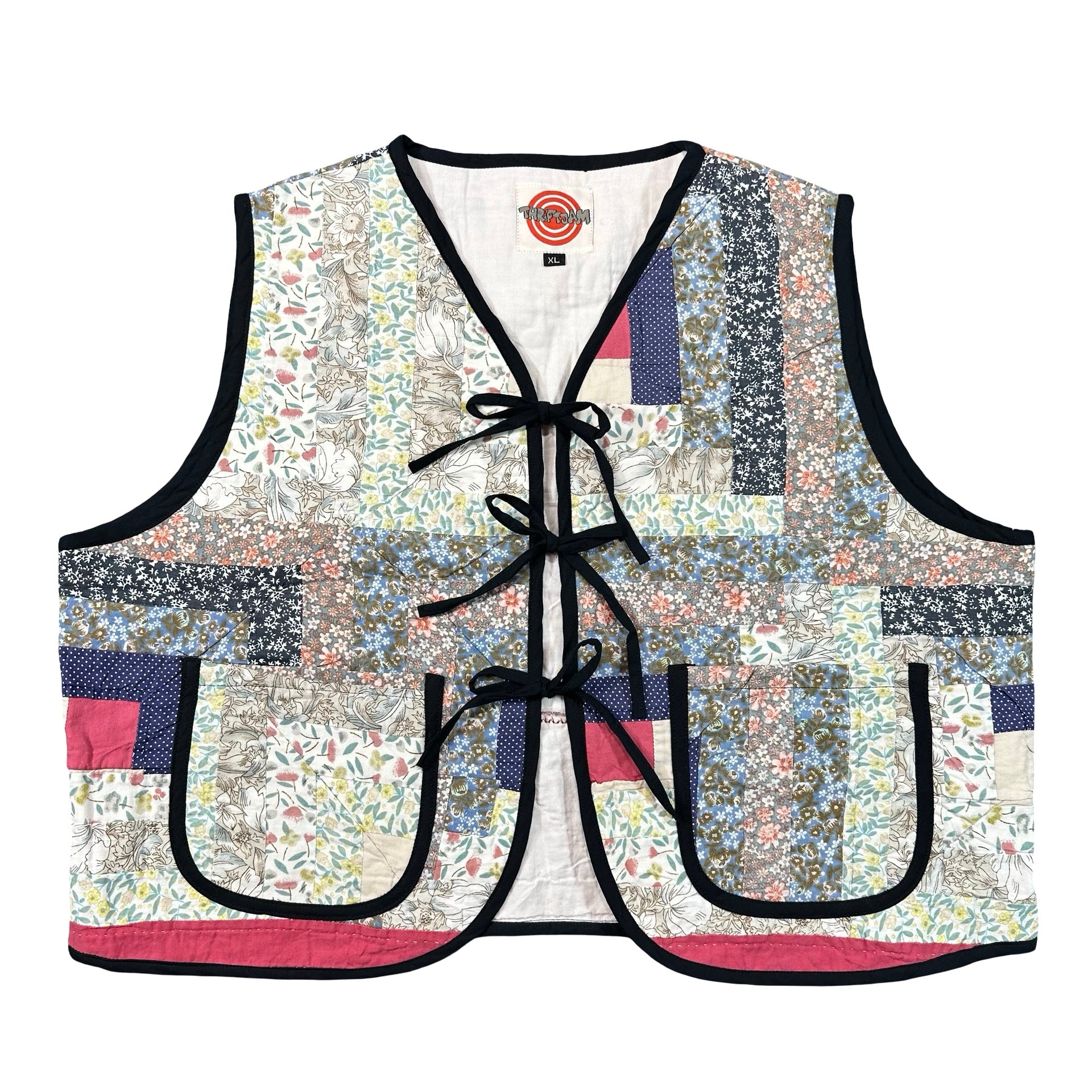 Wildflower Log Cabin XL quilted vest rework, front