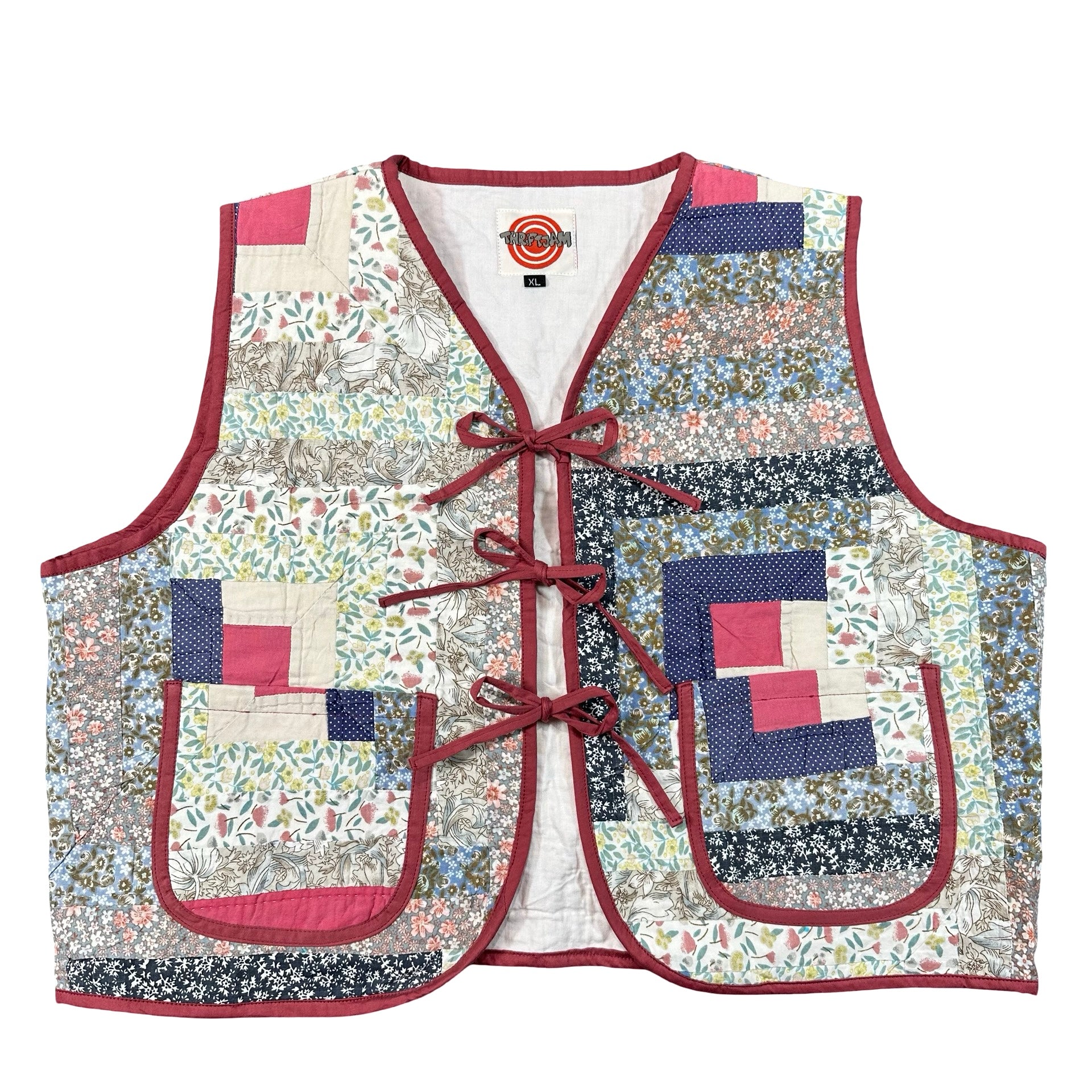 Rosebud Log Cabin XL quilted vest rework, front