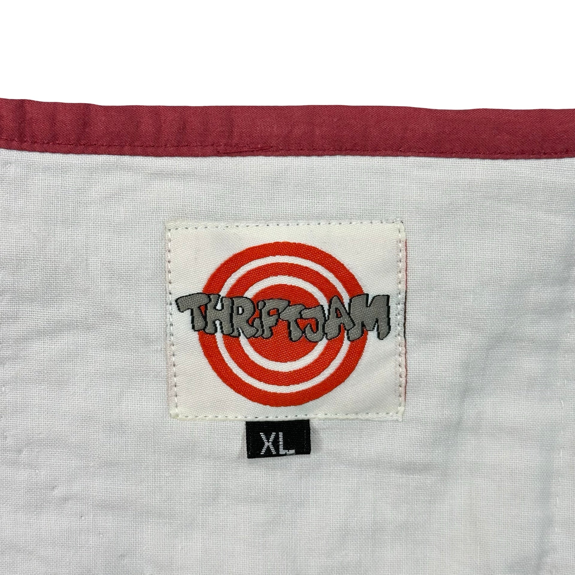Rosebud Log Cabin XL quilted vest rework, ThriftJam size XL label