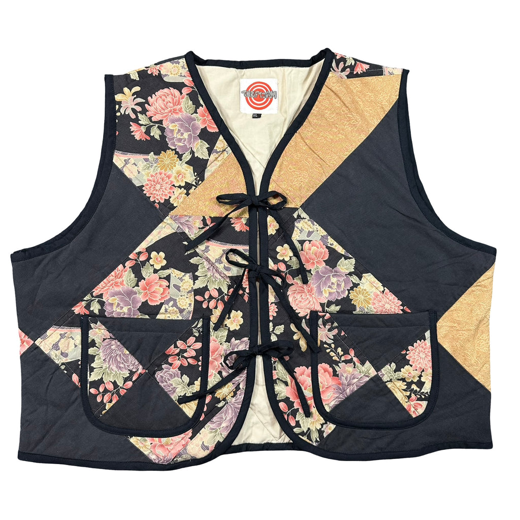 Midnight Cabbage Rose XL quilted vest rework, front