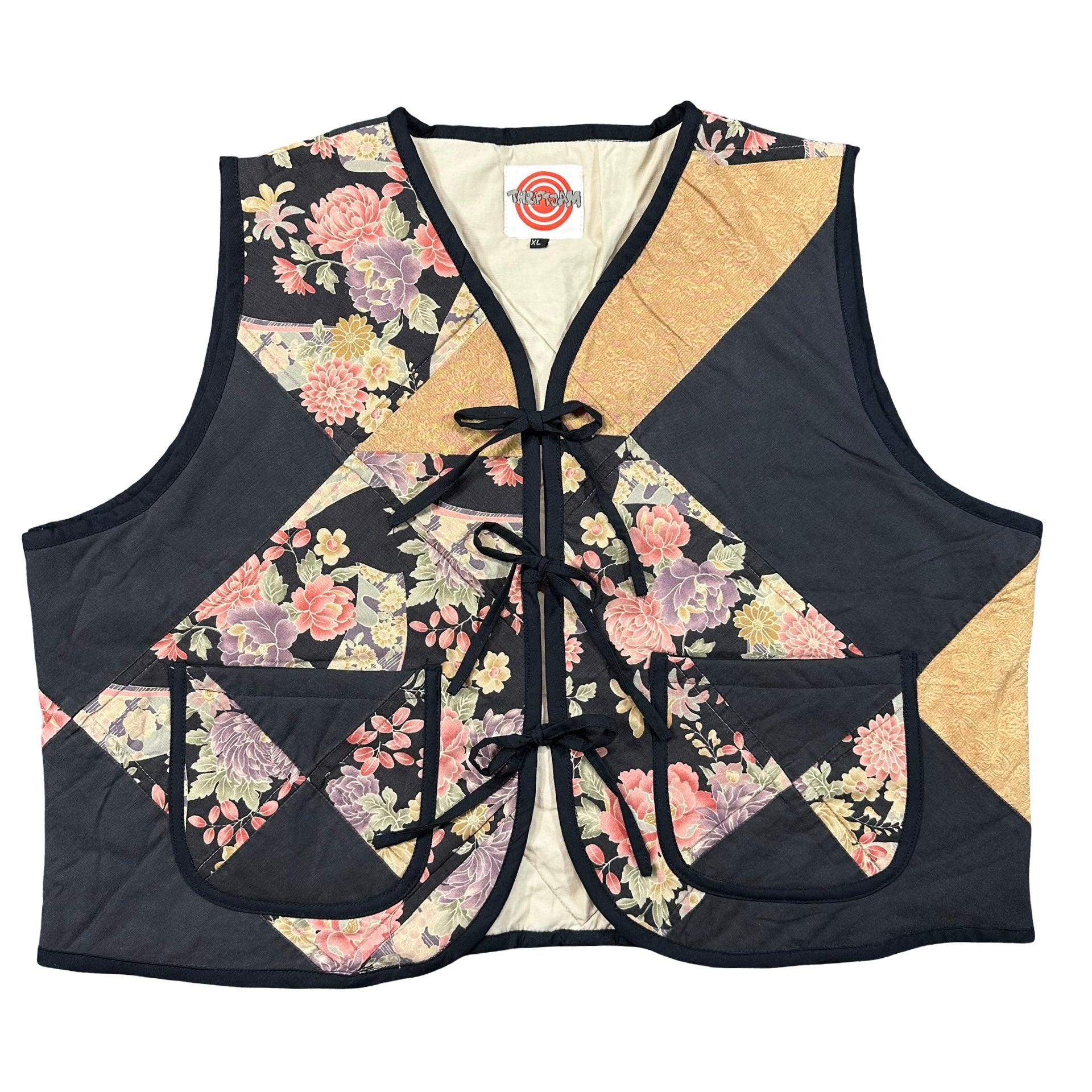 Midnight Cabbage Rose XL quilted vest rework, front