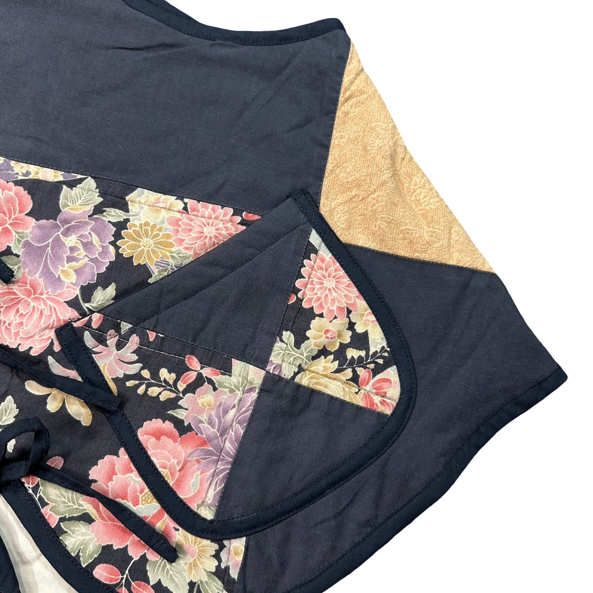 Midnight Cabbage Rose XL quilted vest rework, patch pocket detail