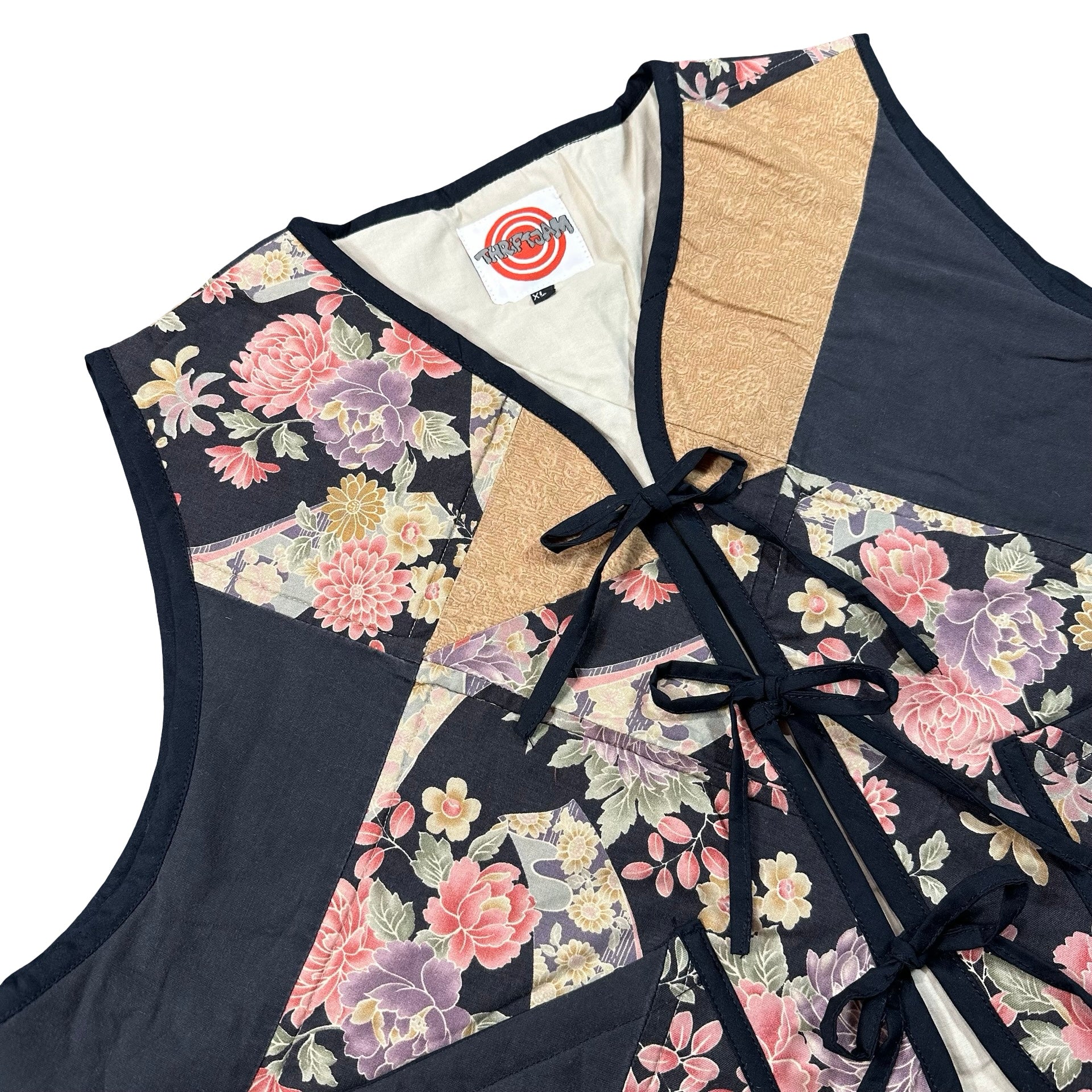 Midnight Cabbage Rose XL quilted vest rework, front tie closures