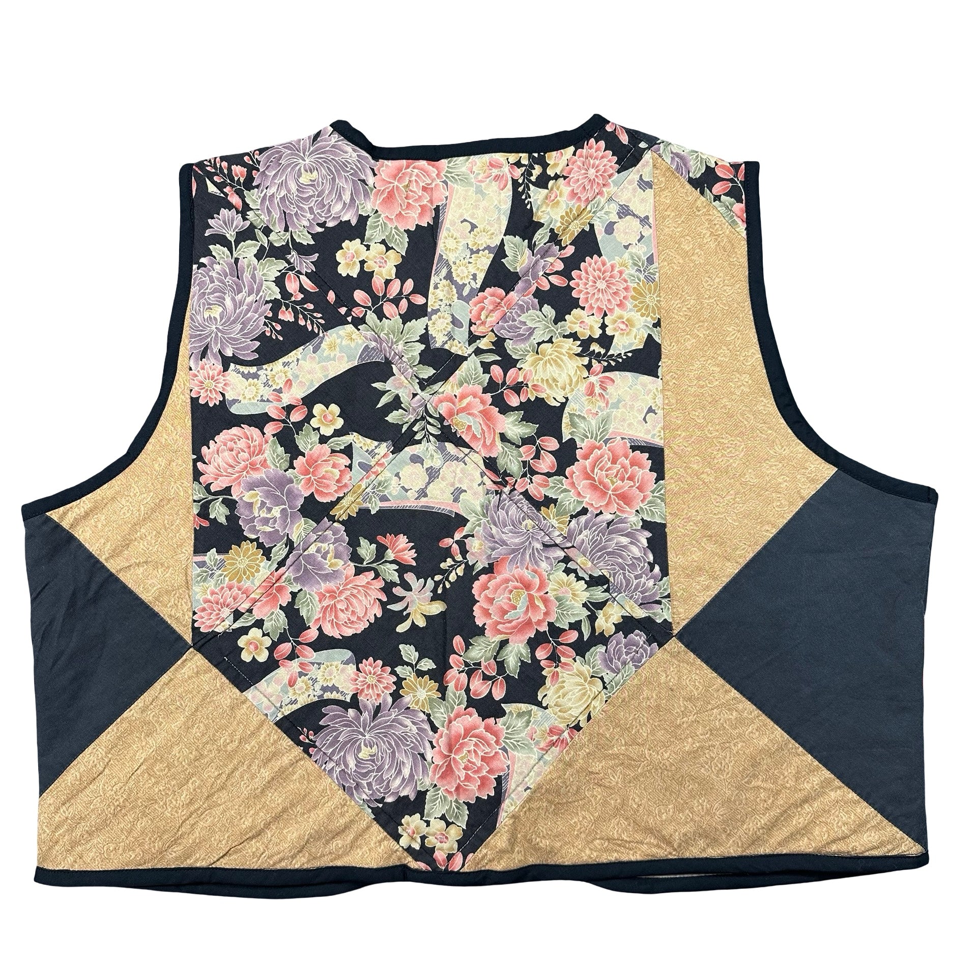 Midnight Cabbage Rose XL quilted vest rework, back