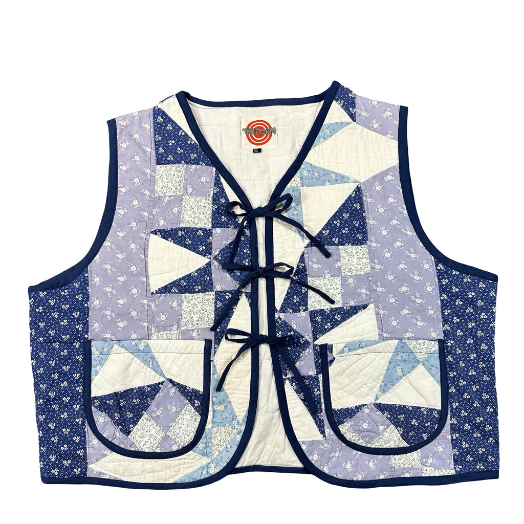 Periwinkle Pinwheel XL quilted vest rework, front