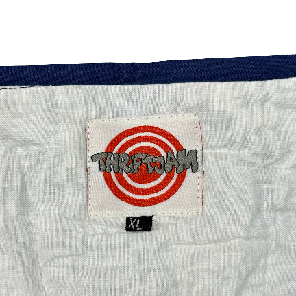 Periwinkle Pinwheel XL quilted vest rework, ThriftJam size XL label