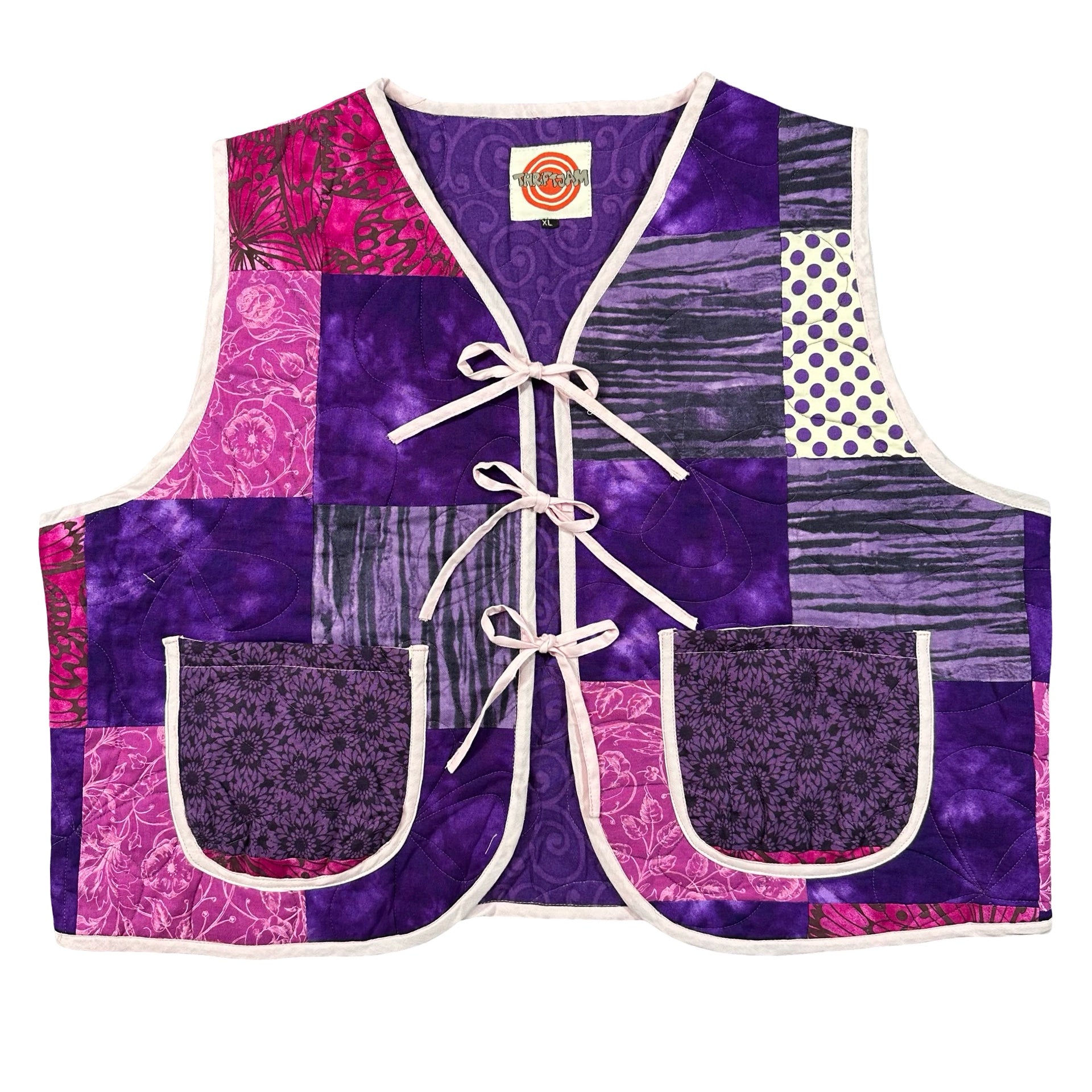 Purple Batik Patchwork XL quilted vest rework, front