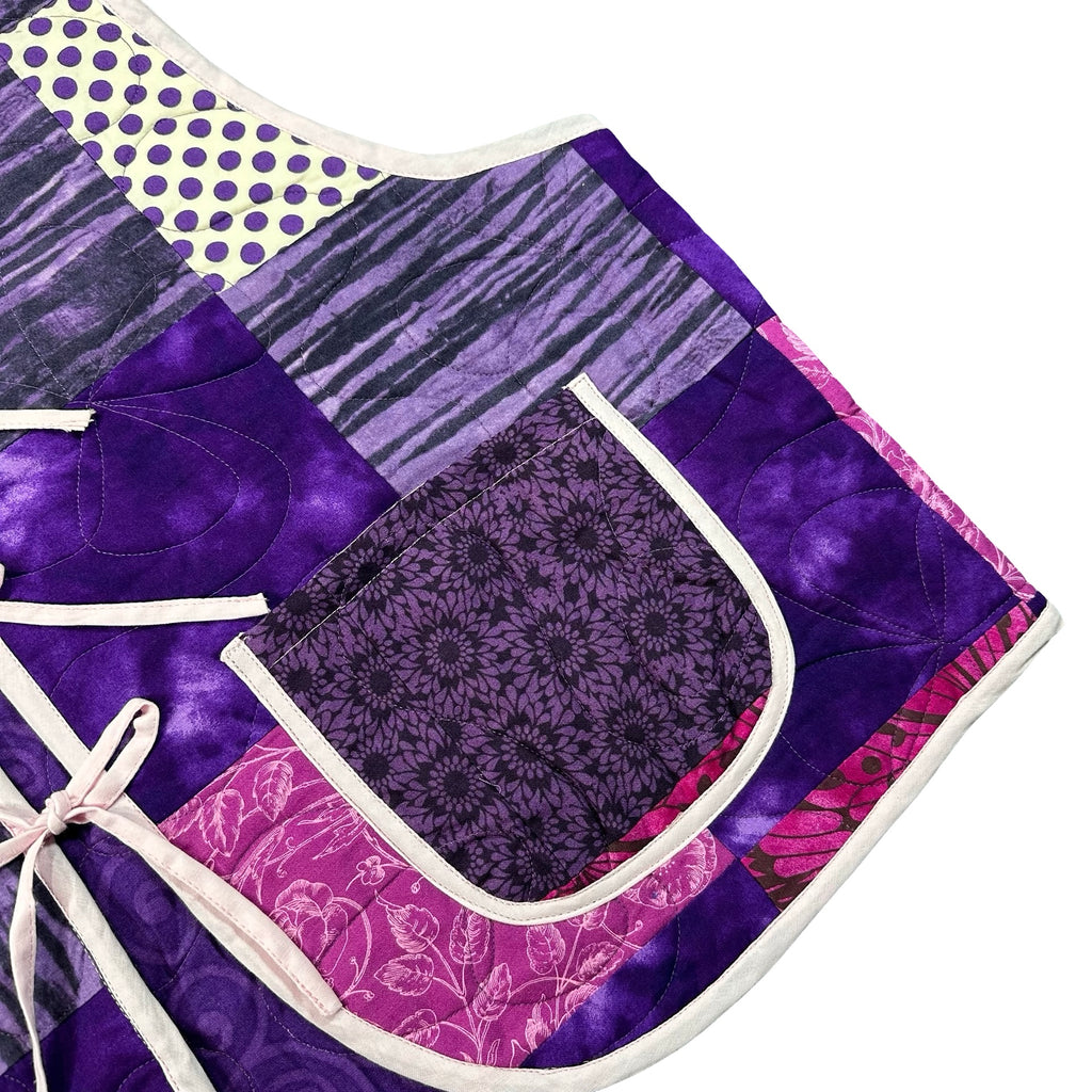 Purple Batik Patchwork XL quilted vest rework, patch pocket detail