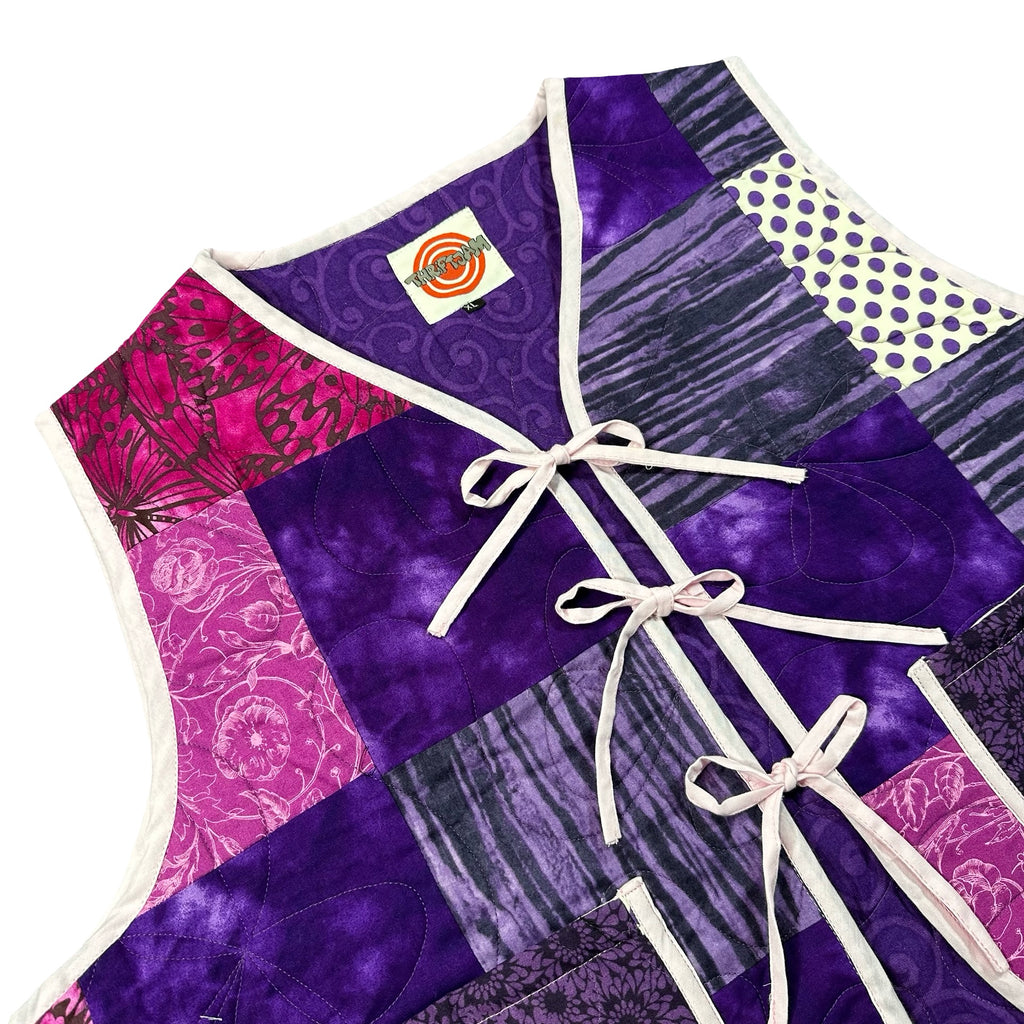 Purple Batik Patchwork XL quilted vest rework, front tie closures