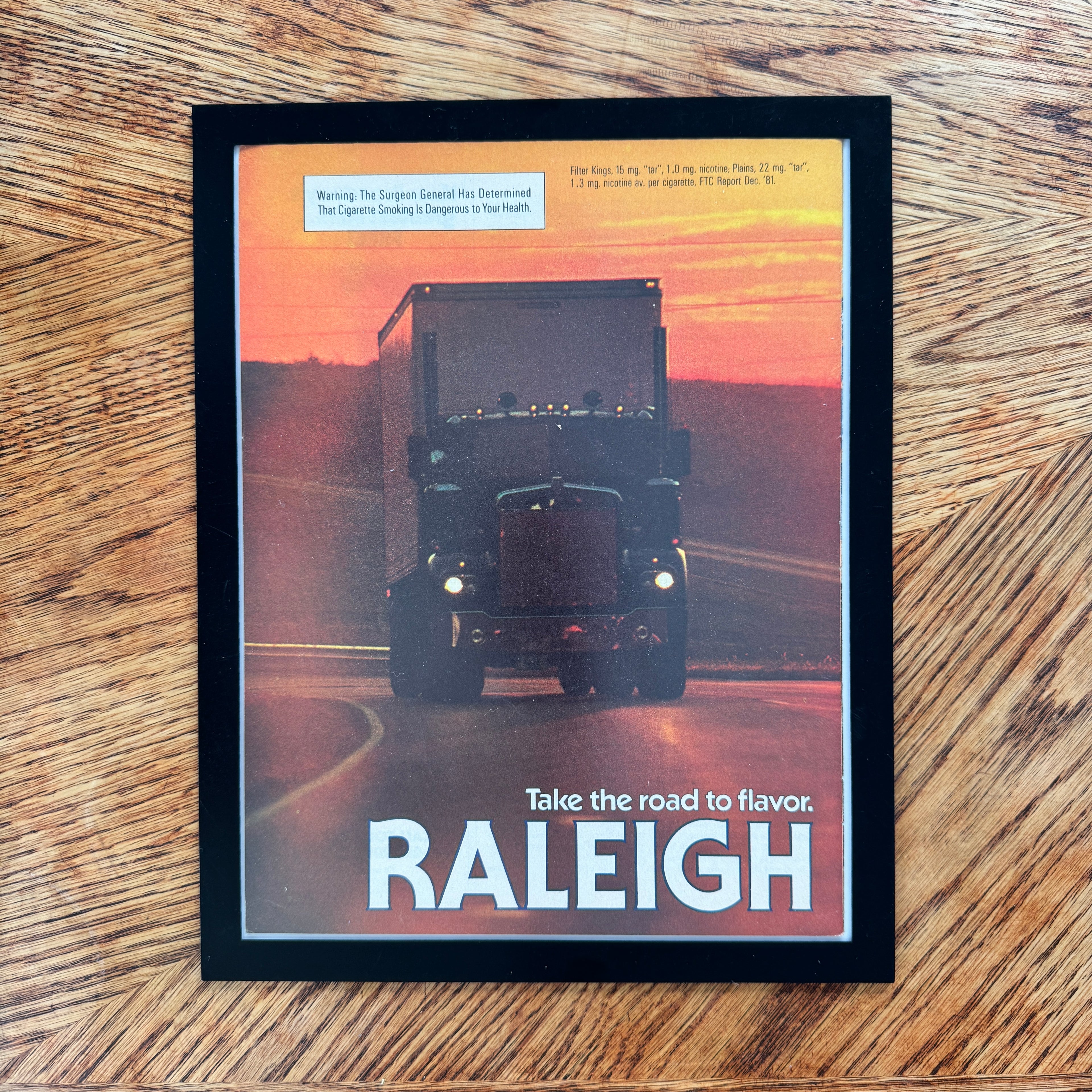 Raleigh Cigarettes Take the Road to Flavor Semi Truck Vintage 1981 Ad Print - detail view