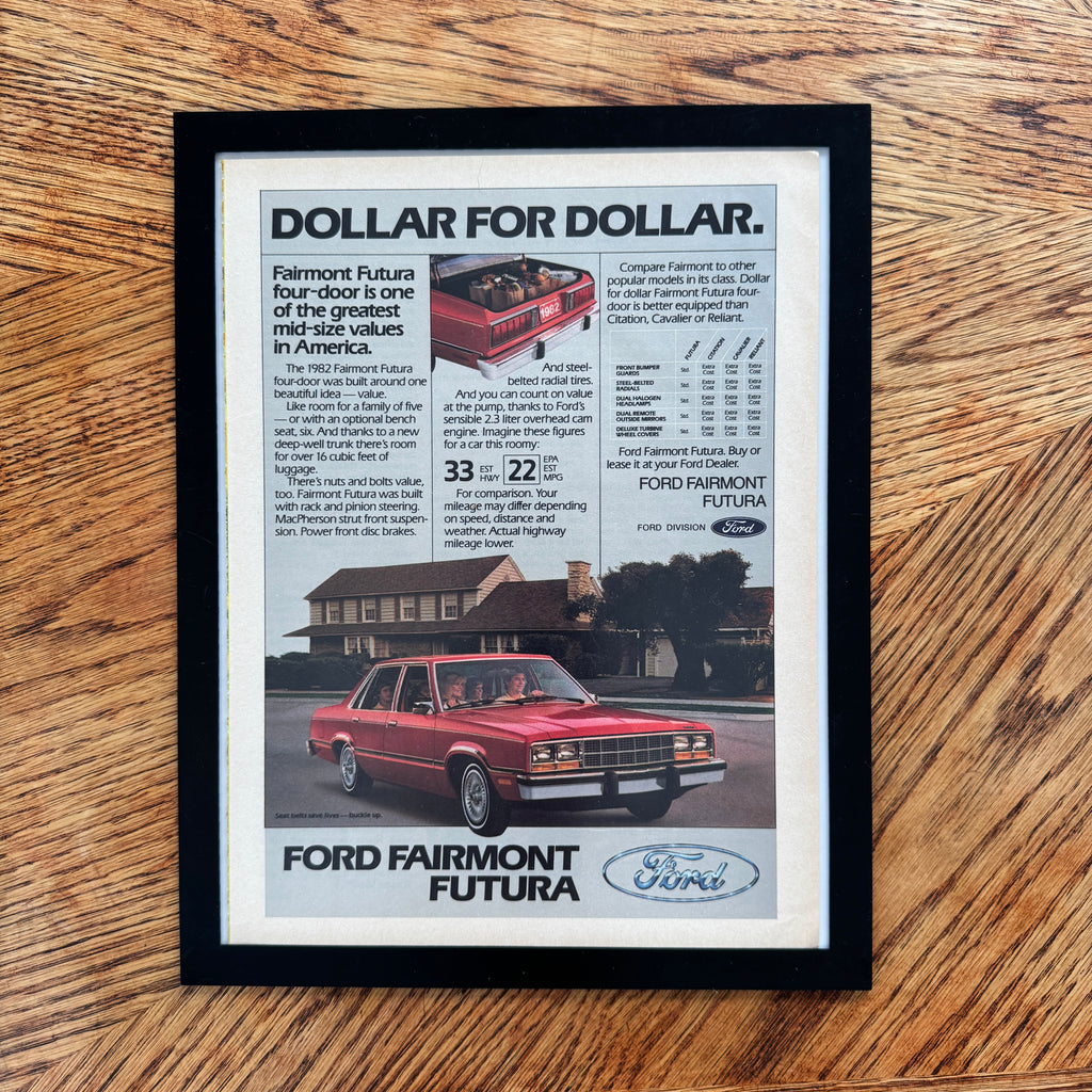 Ford Fairmont Futura Dollar for Dollar Vintage 1982 Car Ad Print - detail view