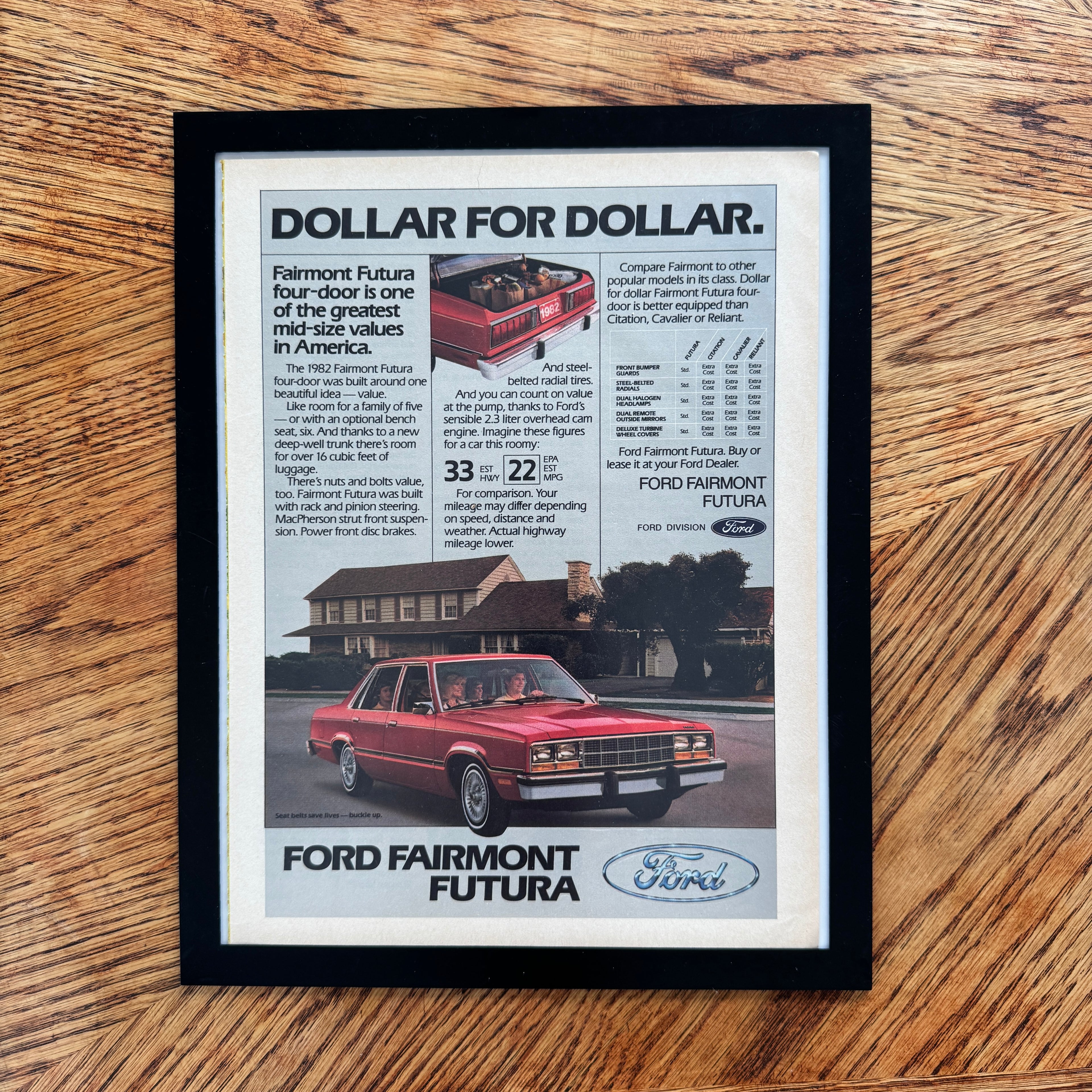 Ford Fairmont Futura Dollar for Dollar Vintage 1982 Car Ad Print - detail view