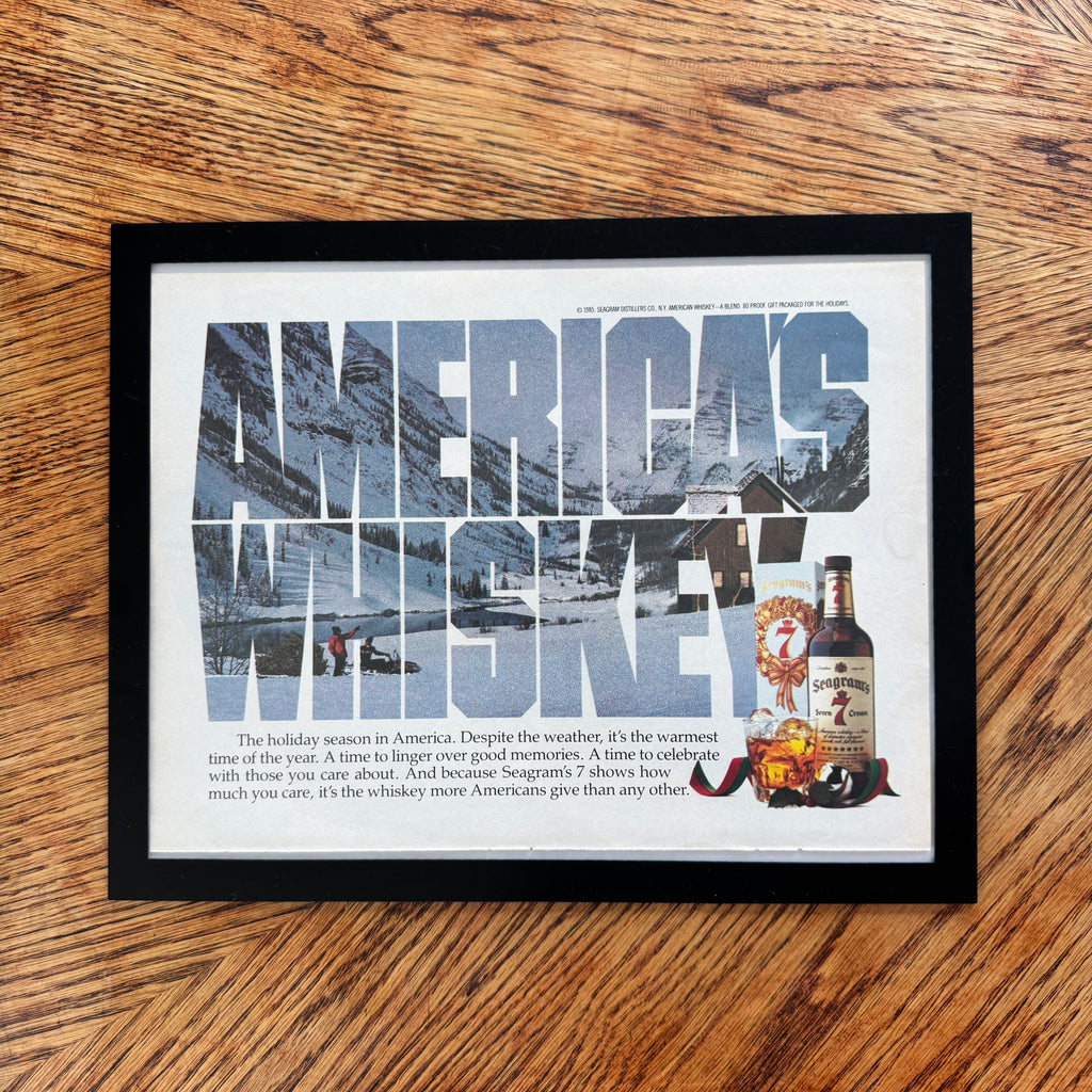 Seagram's 7 Crown America's Whiskey Vintage 1985 Holiday Liquor Ad Print - detail view