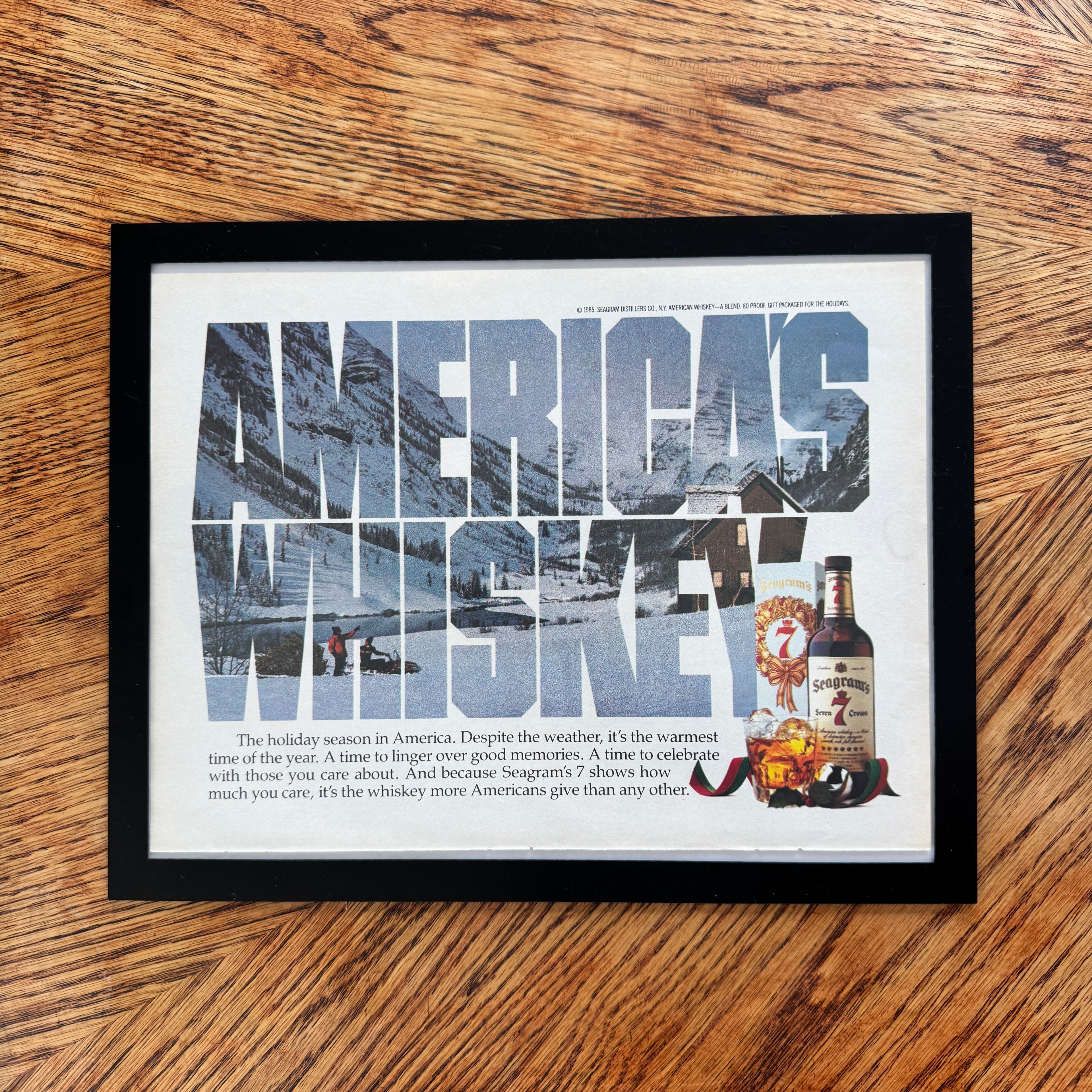 Seagram's 7 Crown America's Whiskey Vintage 1985 Holiday Liquor Ad Print - detail view