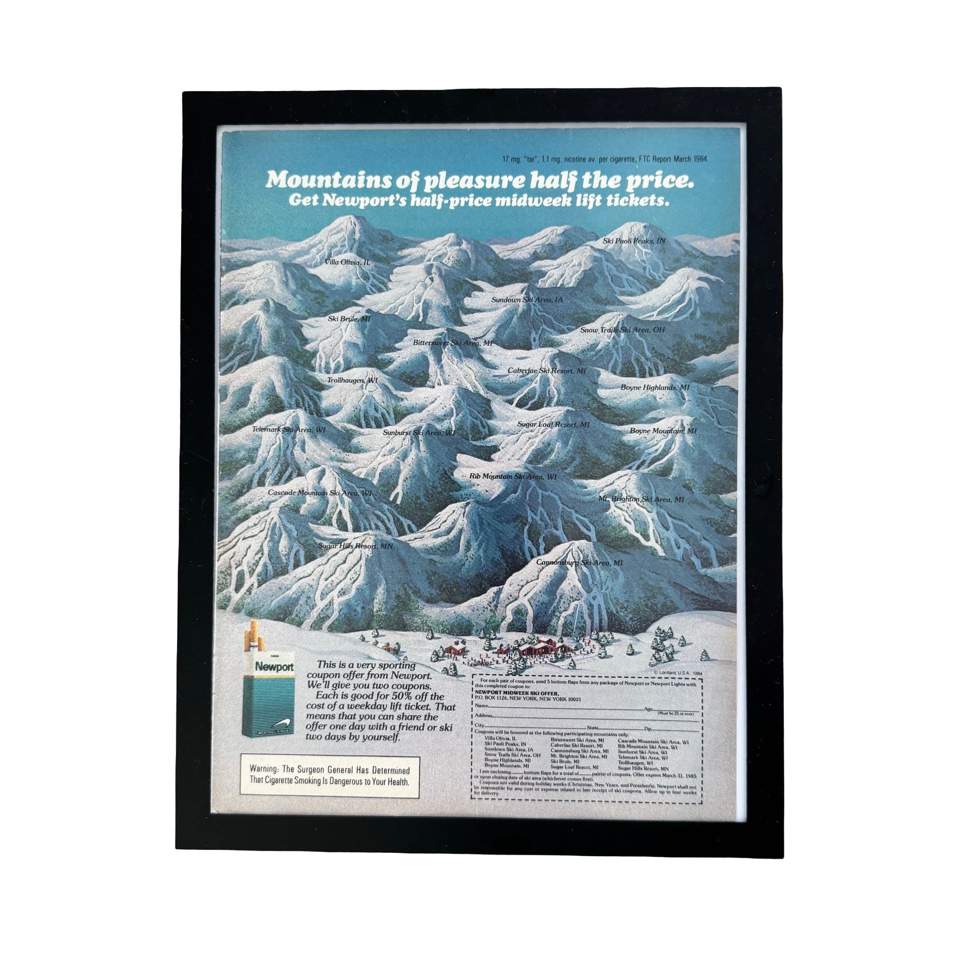 Newport Cigarettes Mountains of Pleasure Ski Map Vintage 1984 Ad Print