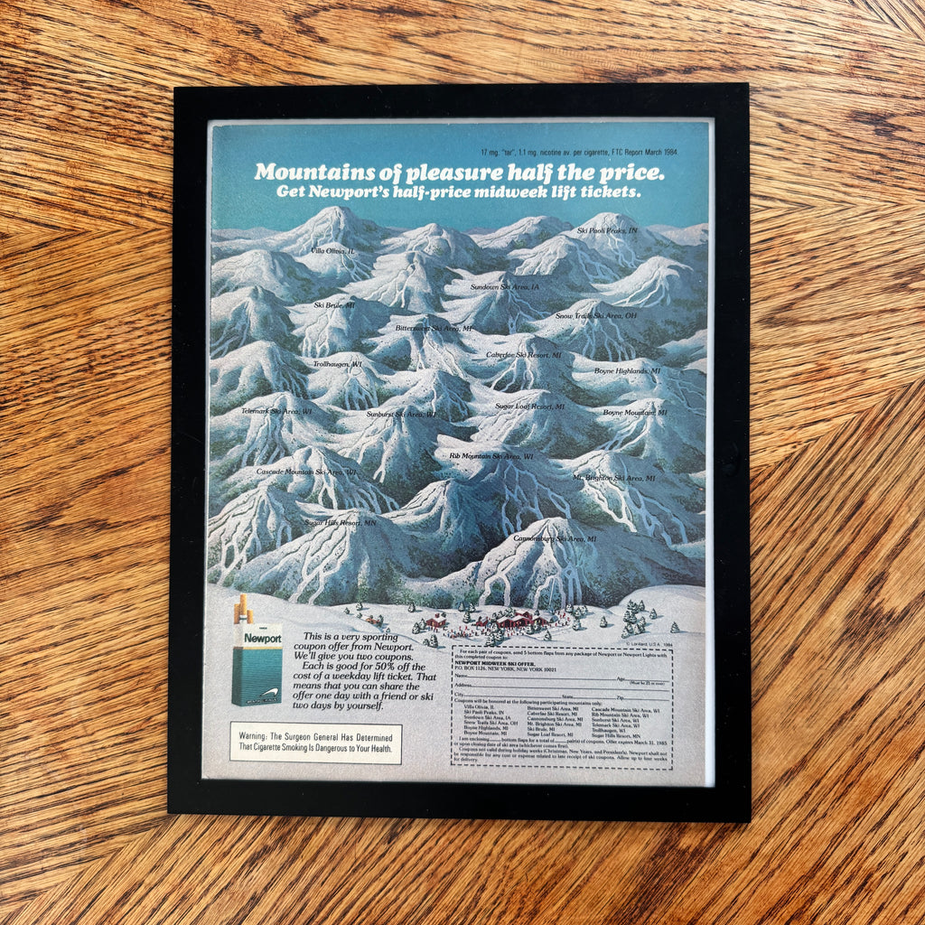 Newport Cigarettes Mountains of Pleasure Ski Map Vintage 1984 Ad Print - detail view