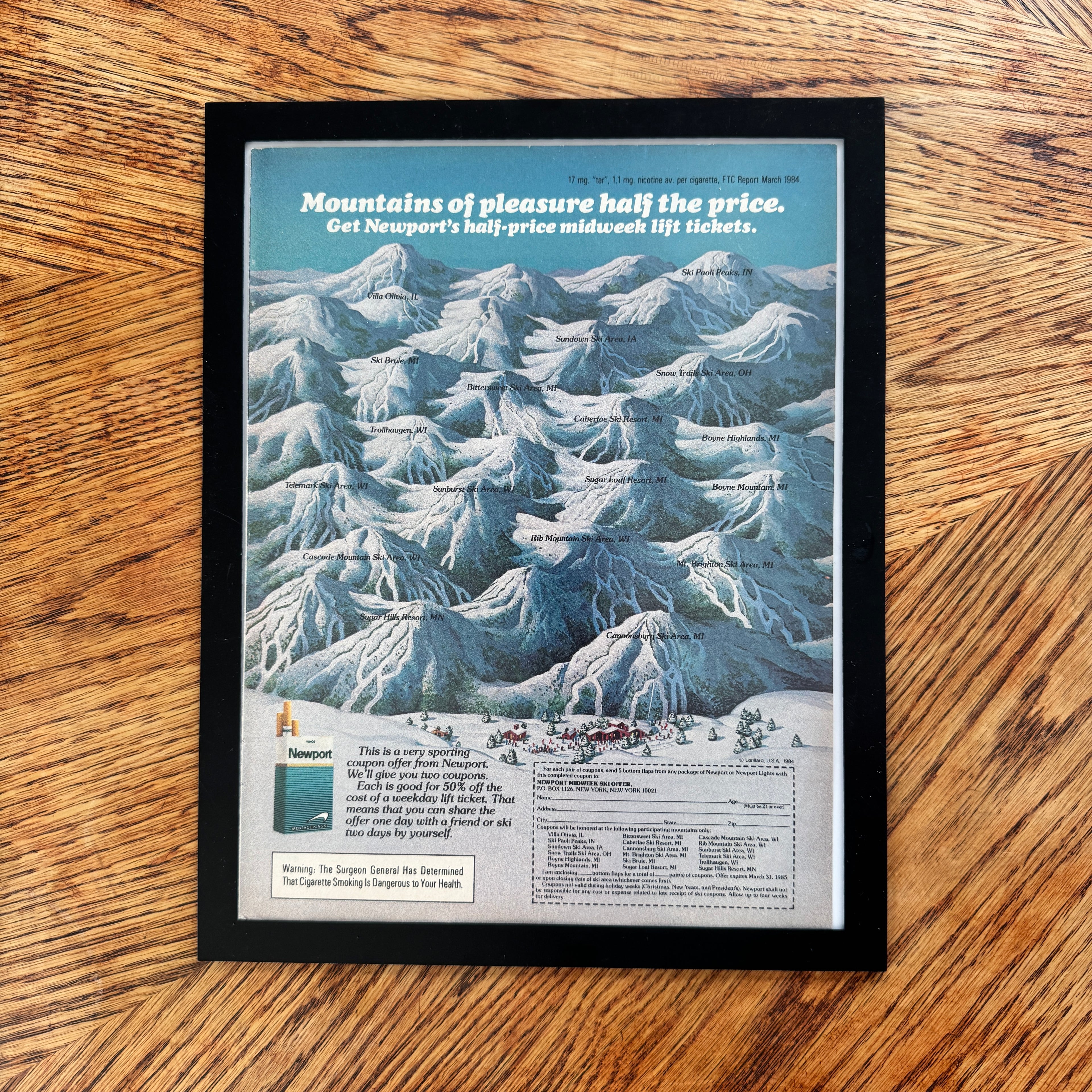 Newport Cigarettes Mountains of Pleasure Ski Map Vintage 1984 Ad Print - detail view