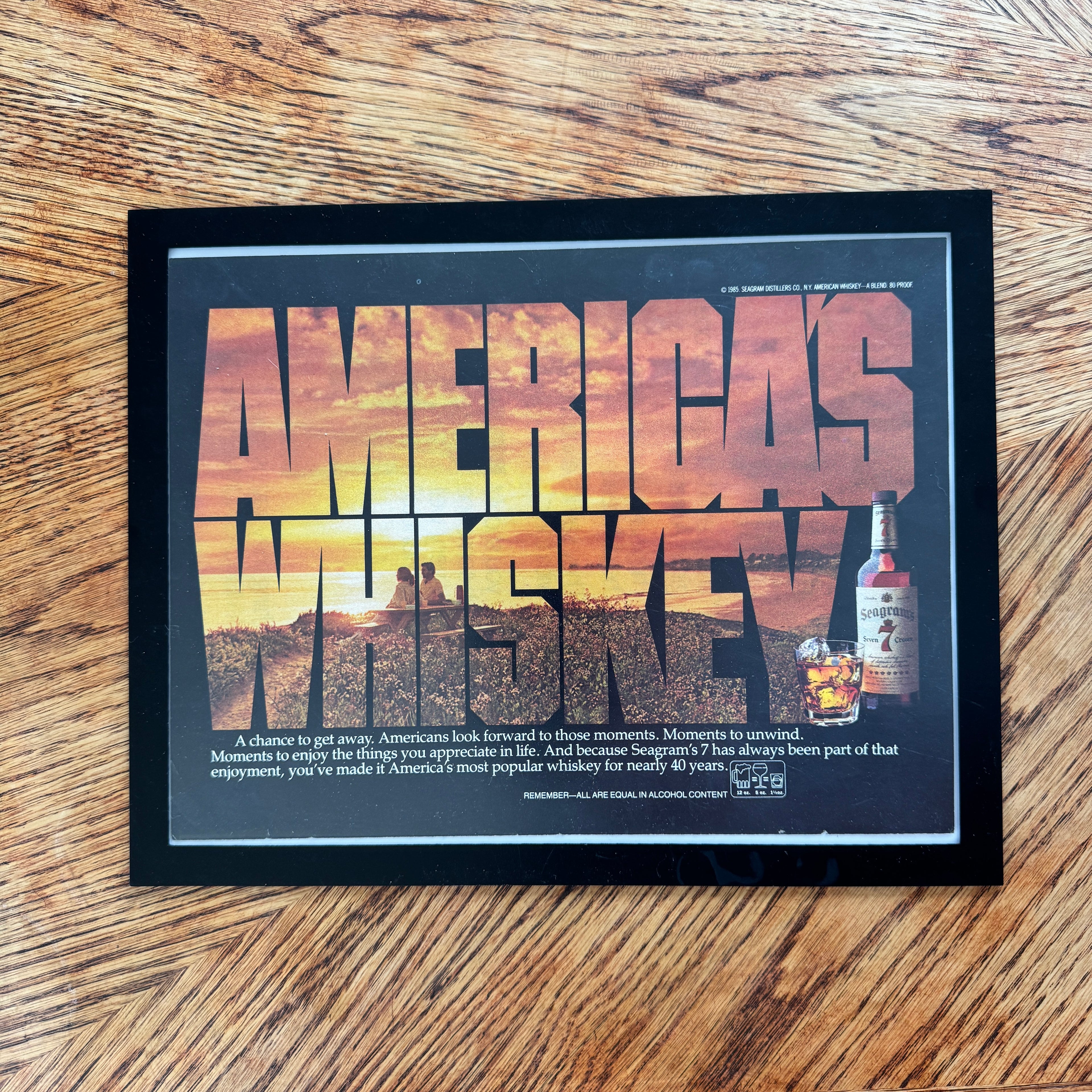 Seagram's 7 Crown America's Whiskey Vintage 1985 Sunset Liquor Ad Print - detail view