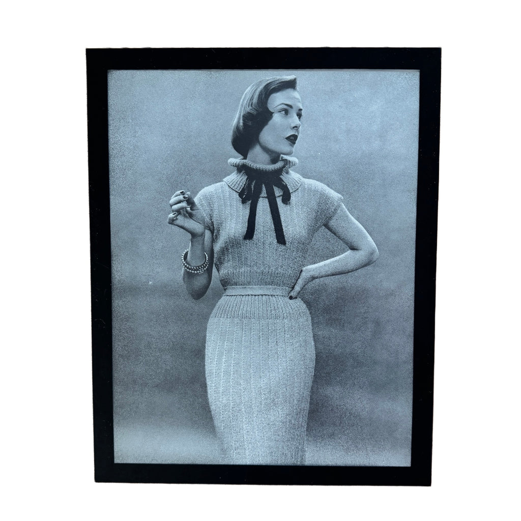 Vintage 1950s Fashion Model Knit Dress Black and White Photo Print