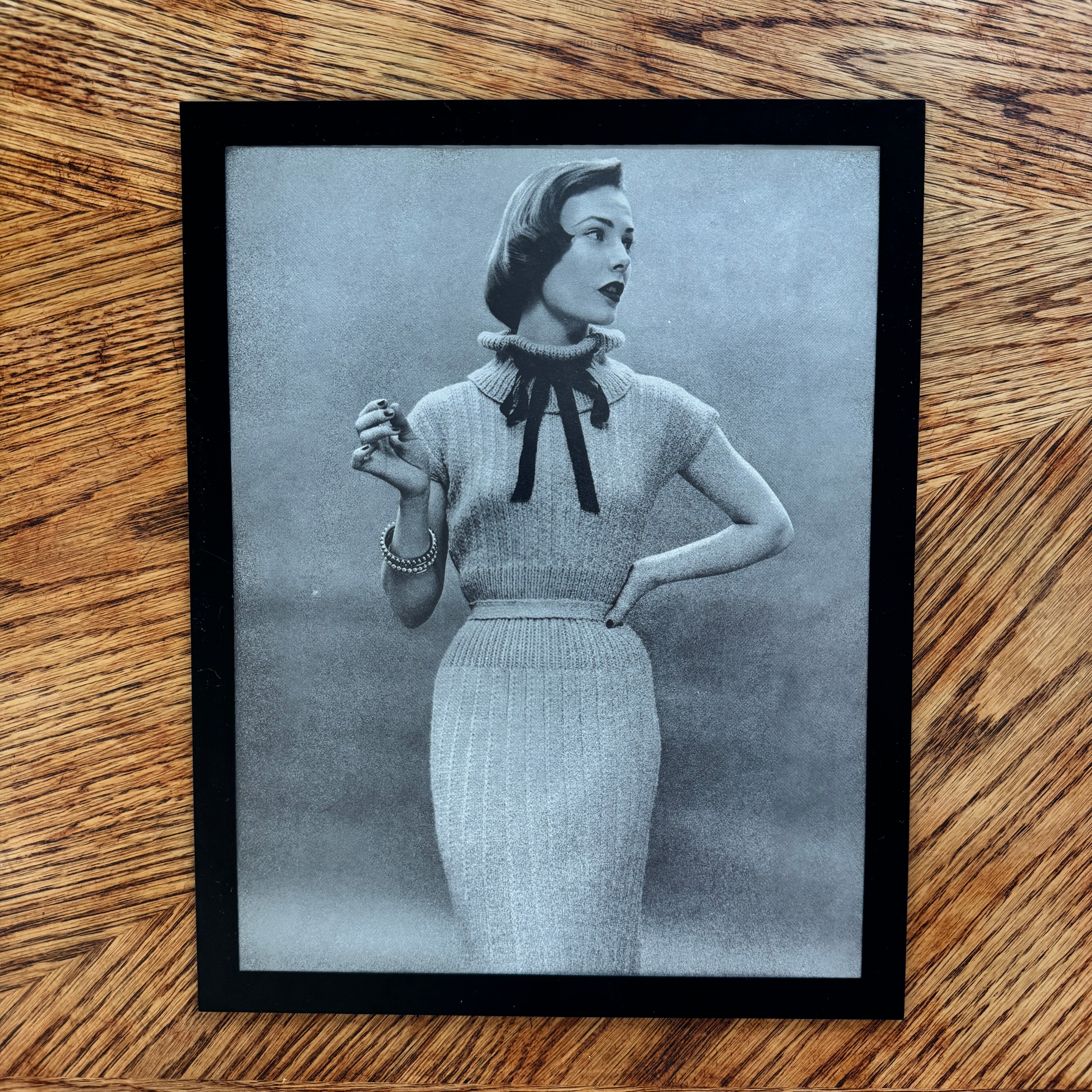 Vintage 1950s Fashion Model Knit Dress Black and White Photo Print - detail view