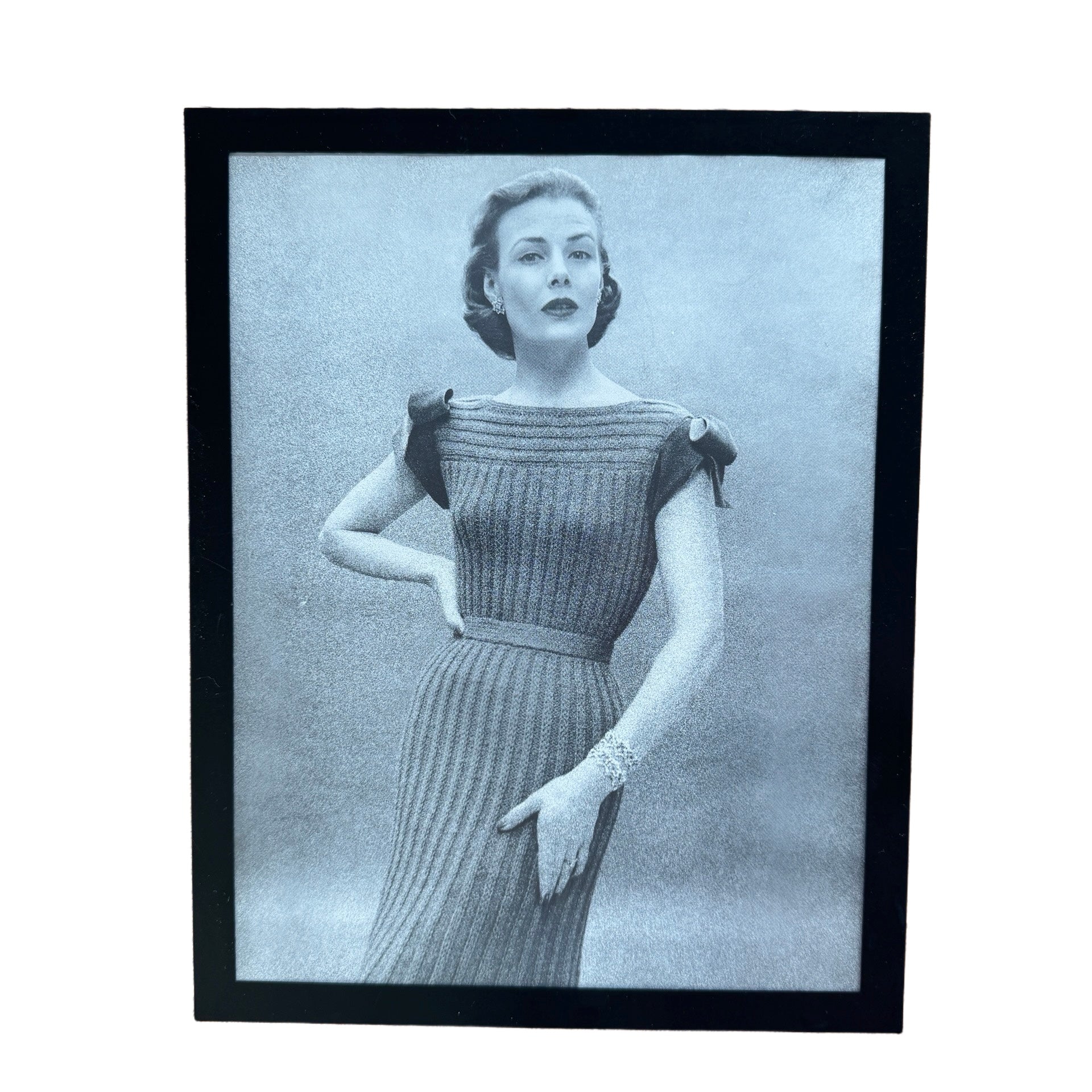 Vintage 1950s Fashion Model Knit Gown Black and White Photo Print
