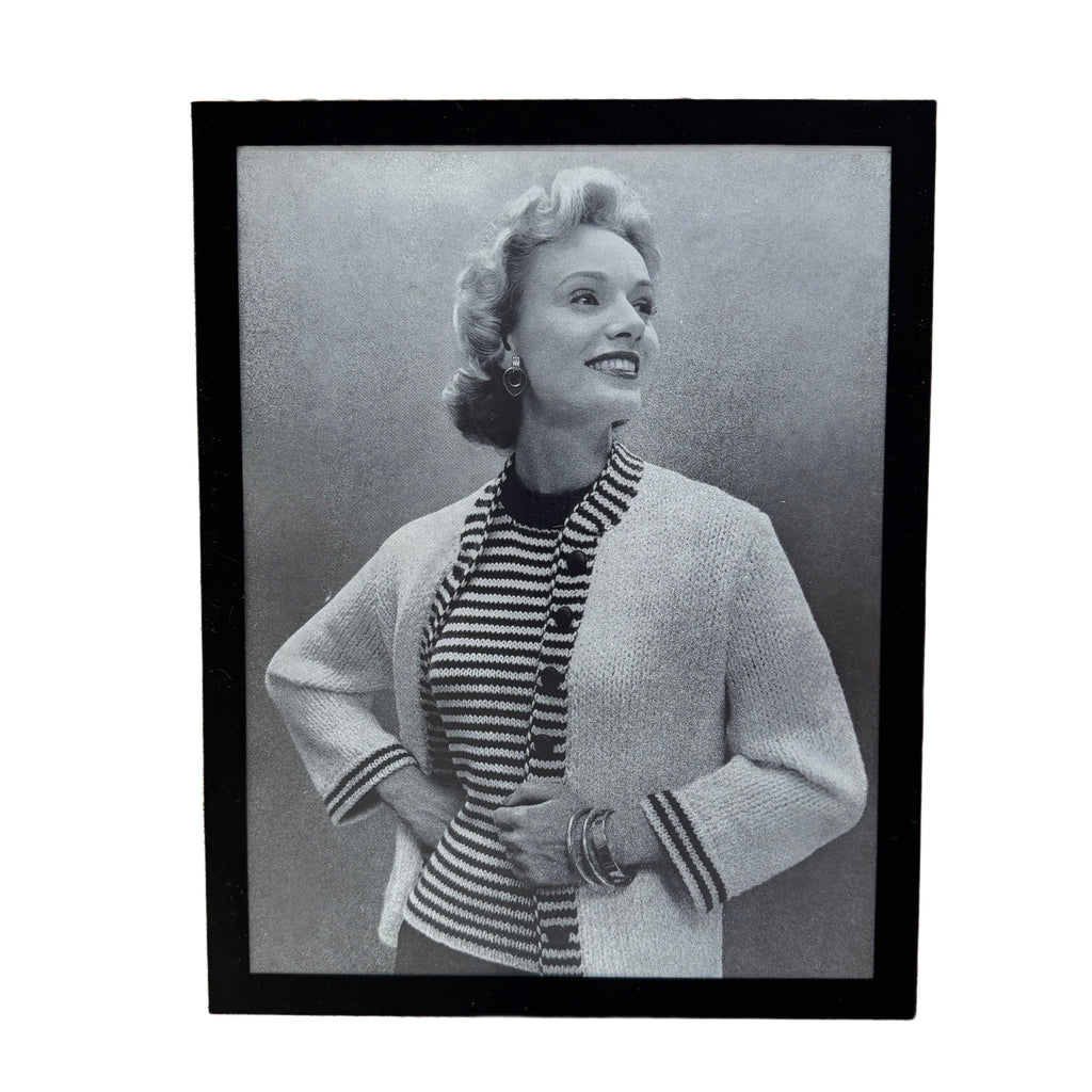 Vintage 1950s Fashion Model Knit Cardigan Black and White Photo Print