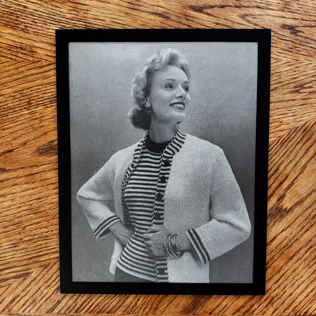 Vintage 1950s Fashion Model Knit Cardigan Black and White Photo Print - detail view